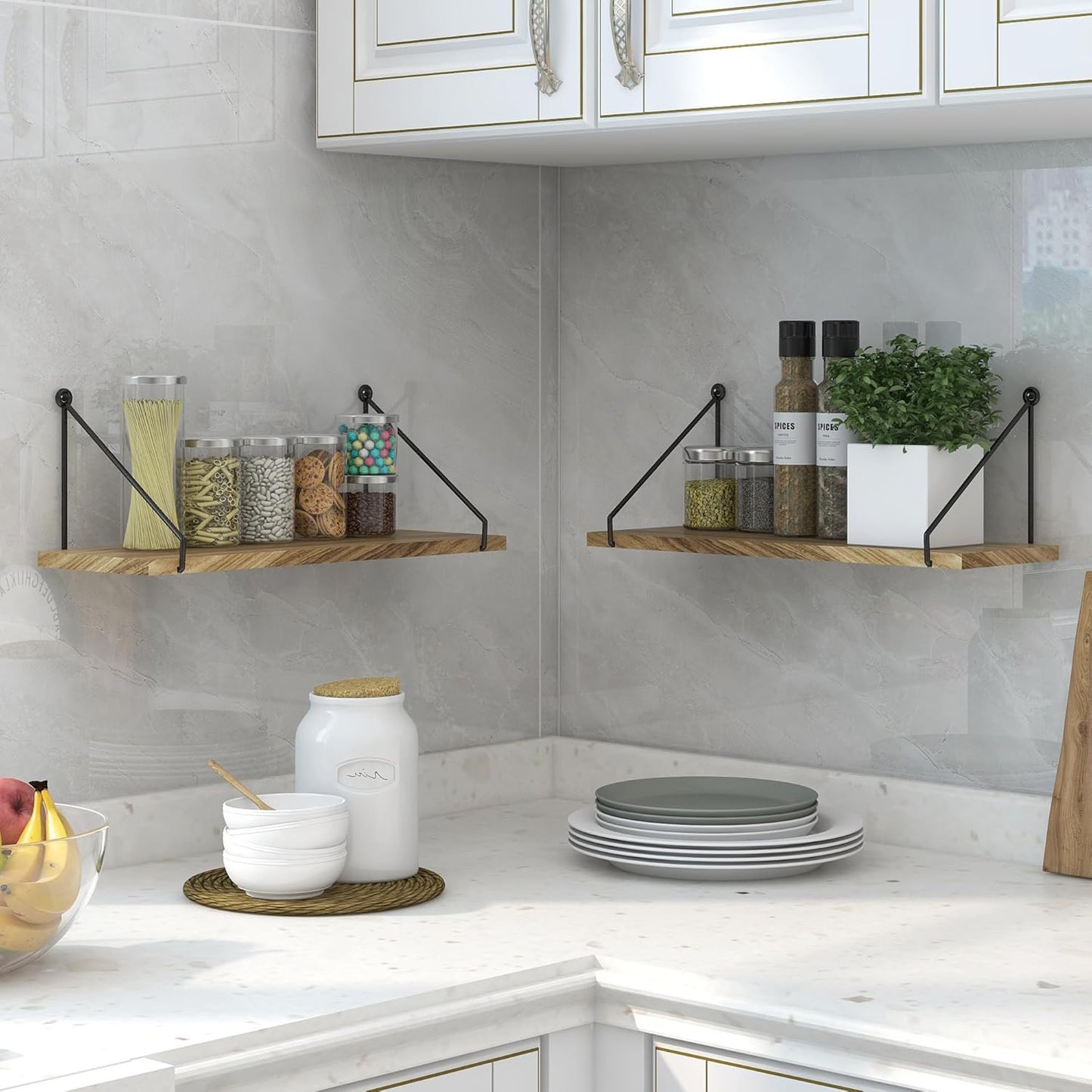 Sapowerntus Floating Shelves Wall Mounted Shelf Rustic Light Wood Bathroom Bedroom Kitchen Hanging Storage Organizer with Triangle Metal Brackets Farmhouse Living Room Office Home Decor Set of 2