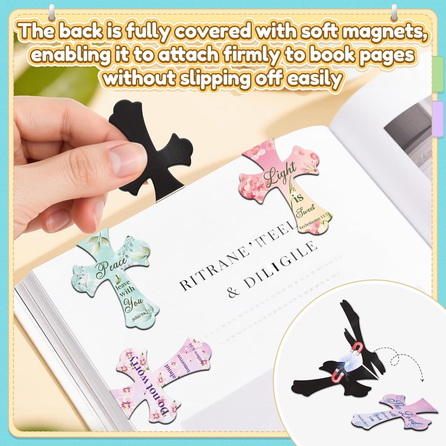 50Pack Magnetic Bookmarks Christian Bookmarks Bulk Cross Bible Bookmark for Reading Women Men Kids Teacher Book Lovers Gifts, Religious Magnet Bookmark Clips Cute Personalized Book Markers (Flower)