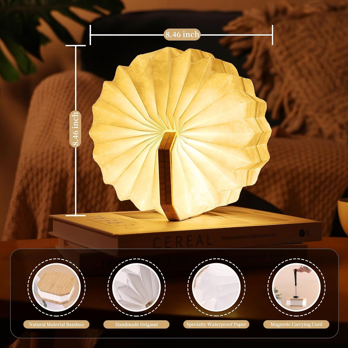 Paper Lamp Japanese Gifts House Warming Gifts, Book lamp 3 Colors Lights Mode, Foldable Japanese Lamp, Bamboo Base Paper Lantern Lights 1200mAh, Book Decor, Zen Decor Spiritual Gifts