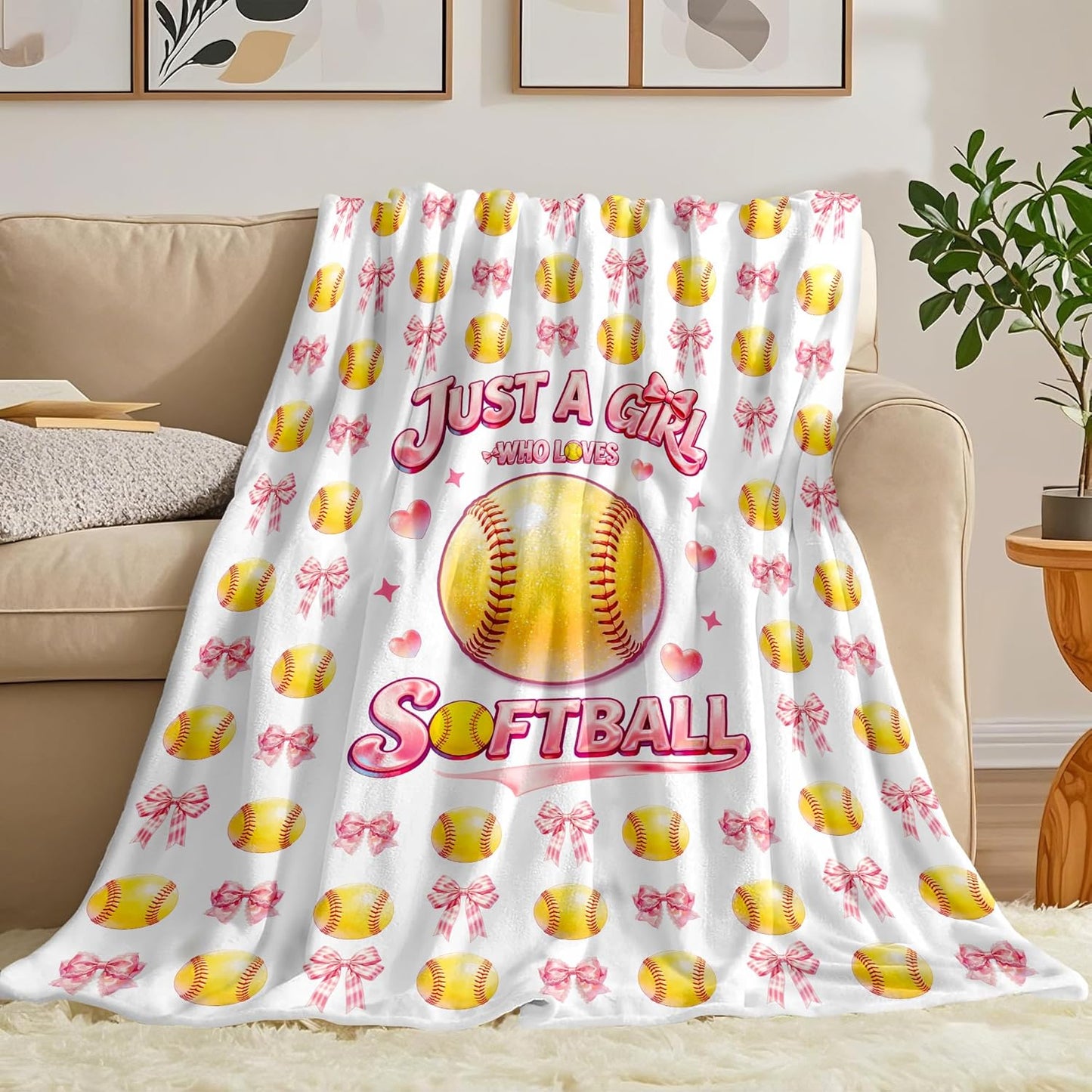 Softball Blanket Gifts for Girls Women Softball Lovers Plush Cozy Flannel Pink Bow Softballs Throw Blankets Softballs Team Stuff Gifts for Birthday Bed Decor Kids Teens Adults 50"x40"