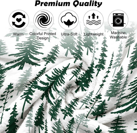 Christmas Tree Throw Blanket, Green Pine Trees Fuzzy Blanket, Winter Forest Christmas Holiday Soft Cozy Flannel Blanket for Bed Couch Sofa, 50x60 Inches