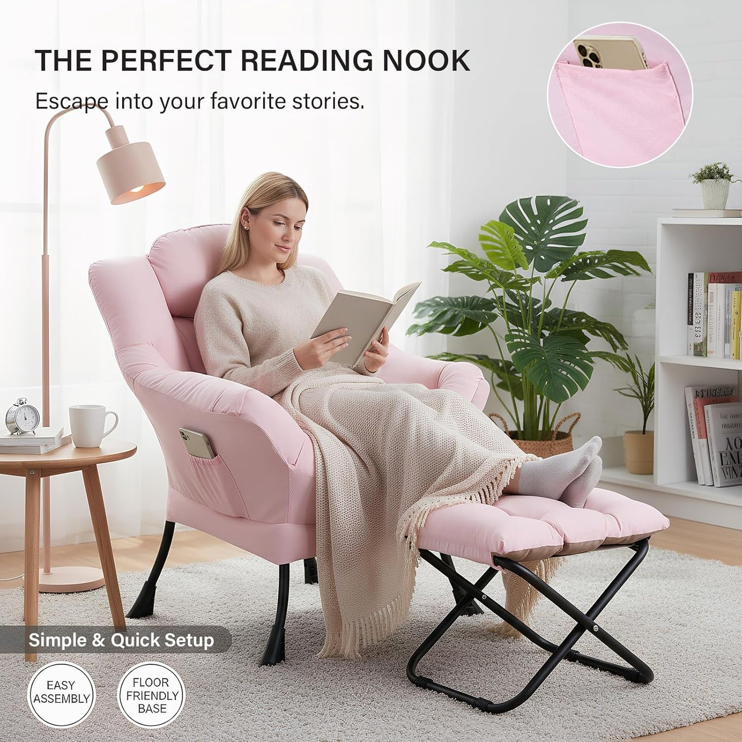 Lazy Chair with Ottoman, Modern Accent Leisure Sofa Chair with Footrest Stool & Throw Pillow, Modern Lounge Chair with Armrests for Living Room, Pink