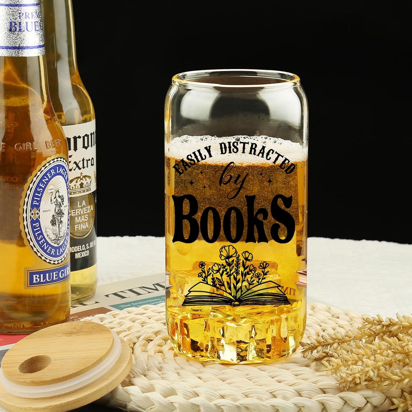 Book Lovers Coffee Glass Cups w/Lids Straws, Easily Distracted By Books Glass Cup, Bookish Gifts for Women, Birthday Gifts For Women Best Friend, Bookworm Club Gift, Student Reading Gift