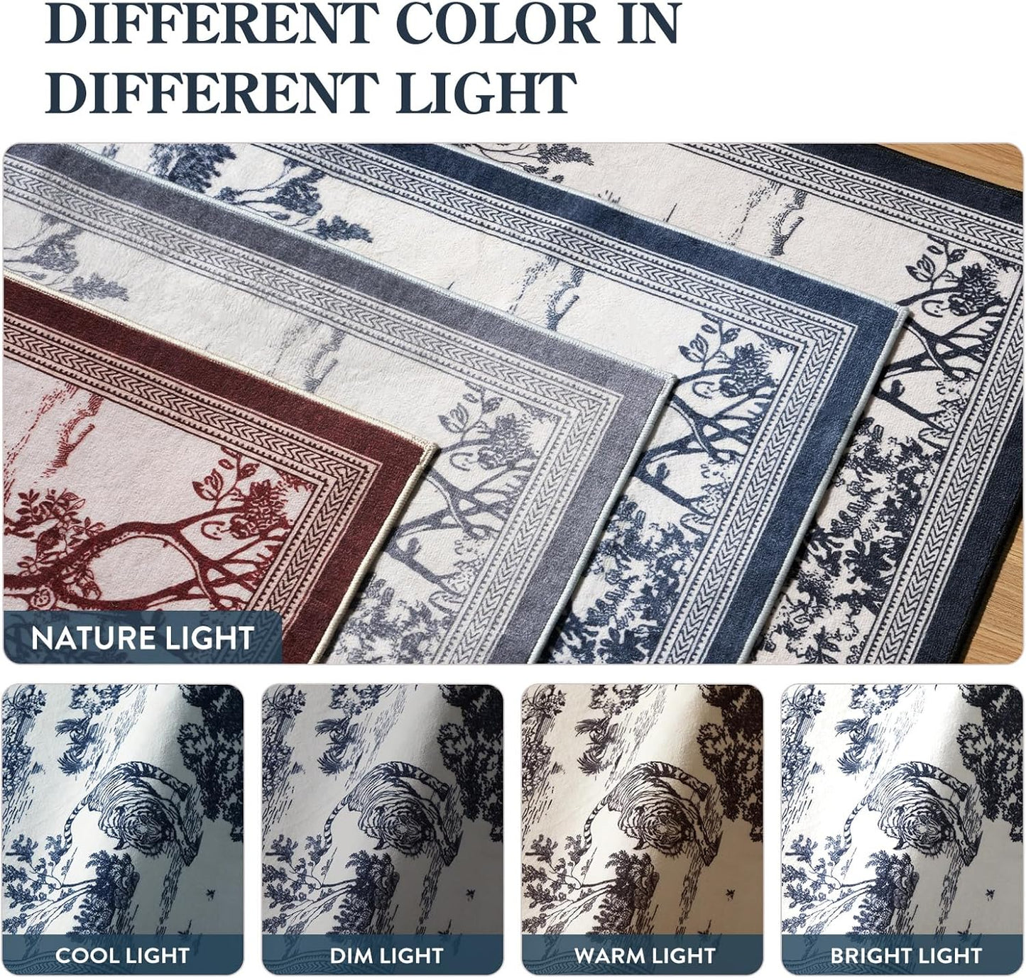 LIVEBOX 5x7 Area Rugs Toile Delft Blue Rug for Living Room, Washable Rug for Bedroom Dining Room Nursery Room, Soft Low Pile Non Slip, Vintage Animal Jungle Unique Classic Print Carpet Home Décor