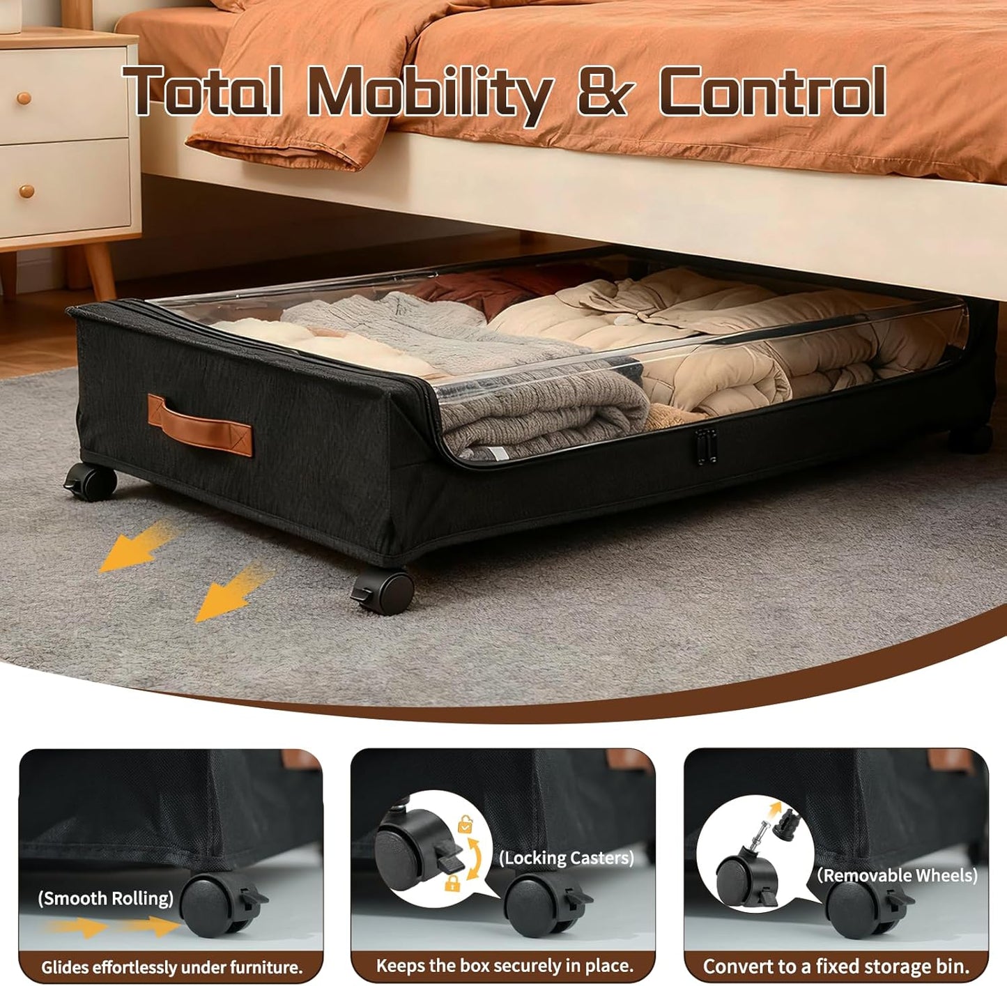 Under Bed Storage with Wheels, 35L Large Capacity Underbed Storage Container with Clear Lid & Label, Rolling Metal Drawer for Clothes, Shoes, Toys, Books, Blankets, Black