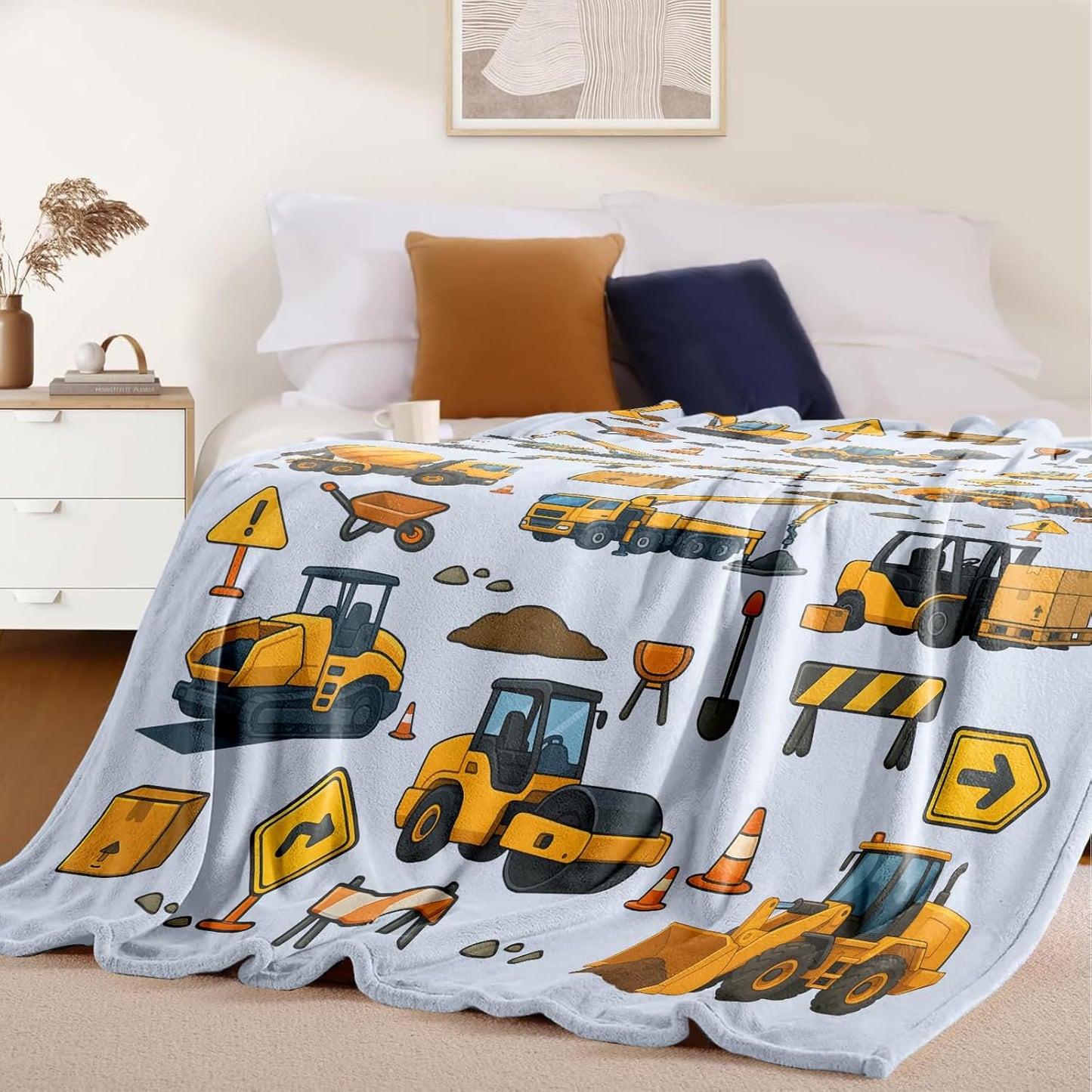 Construction Trucks Kids Blanket, Truck-Themed Throw for Boys & Girls, Gift for Birthday Christmas Holidays & Back to School, 50'' x 60'' Kids Room Decor, Nap Couch Bed Layer