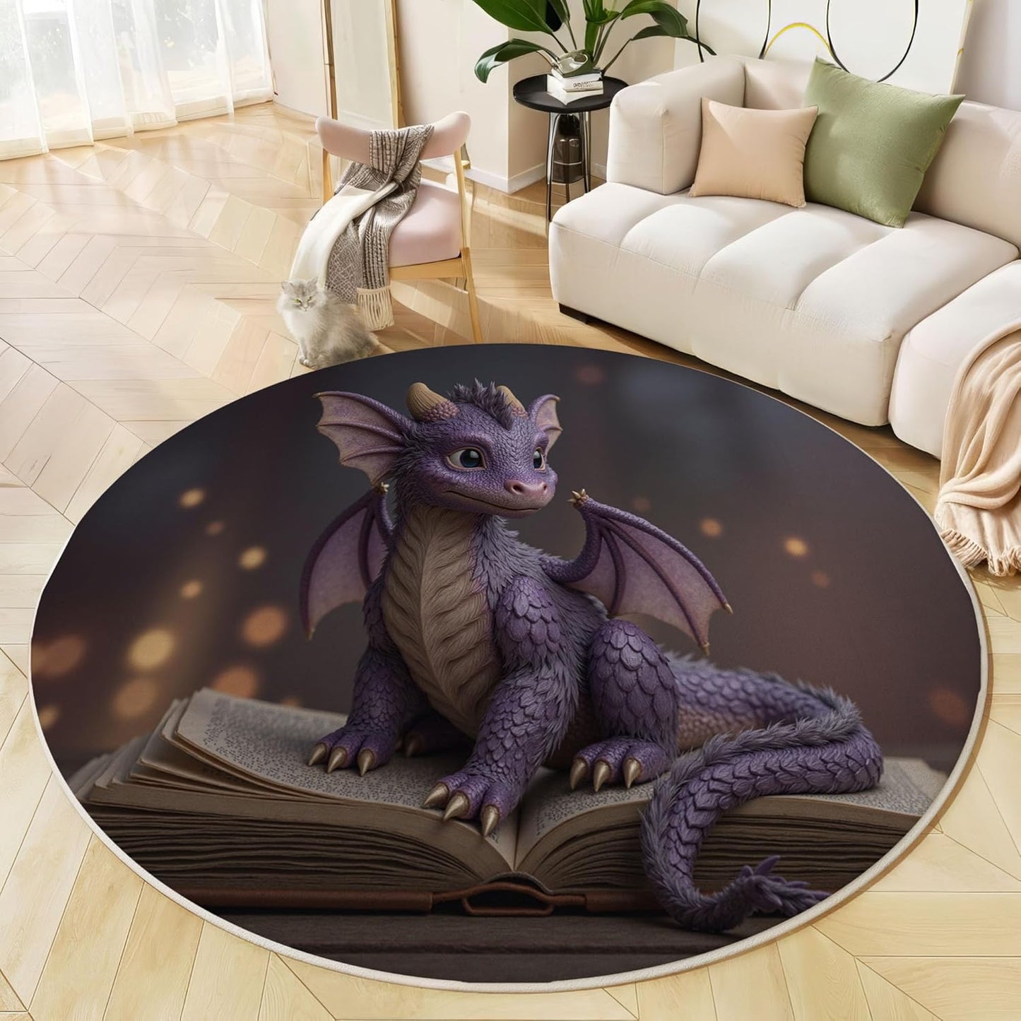 3D Fantasy Dragon Book Round Rugs 5.25Ft, Retro Animals Round Living Room Area Rug, Washable Large Soft Circle Rug for Bedroom, Non Slip Ultra Thin Floor Carpet for Dining Room, Purple
