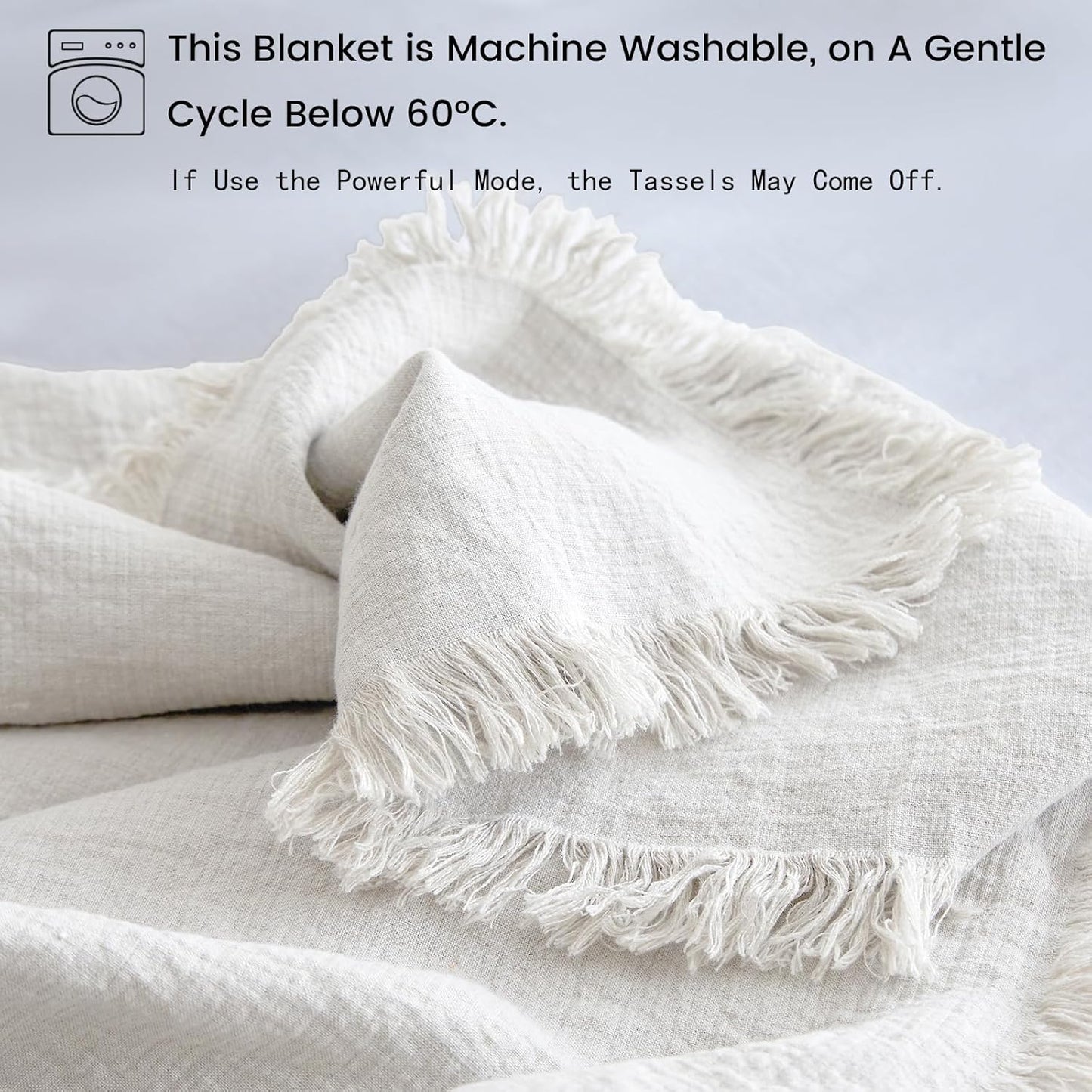 Simple&Opulence 100% Linen Throw Blanket 55x75 inches, Farmhouse Boho Tassel Blanket for Couch, Bed, Sofa, Breathable Natural Cozy Décor, White