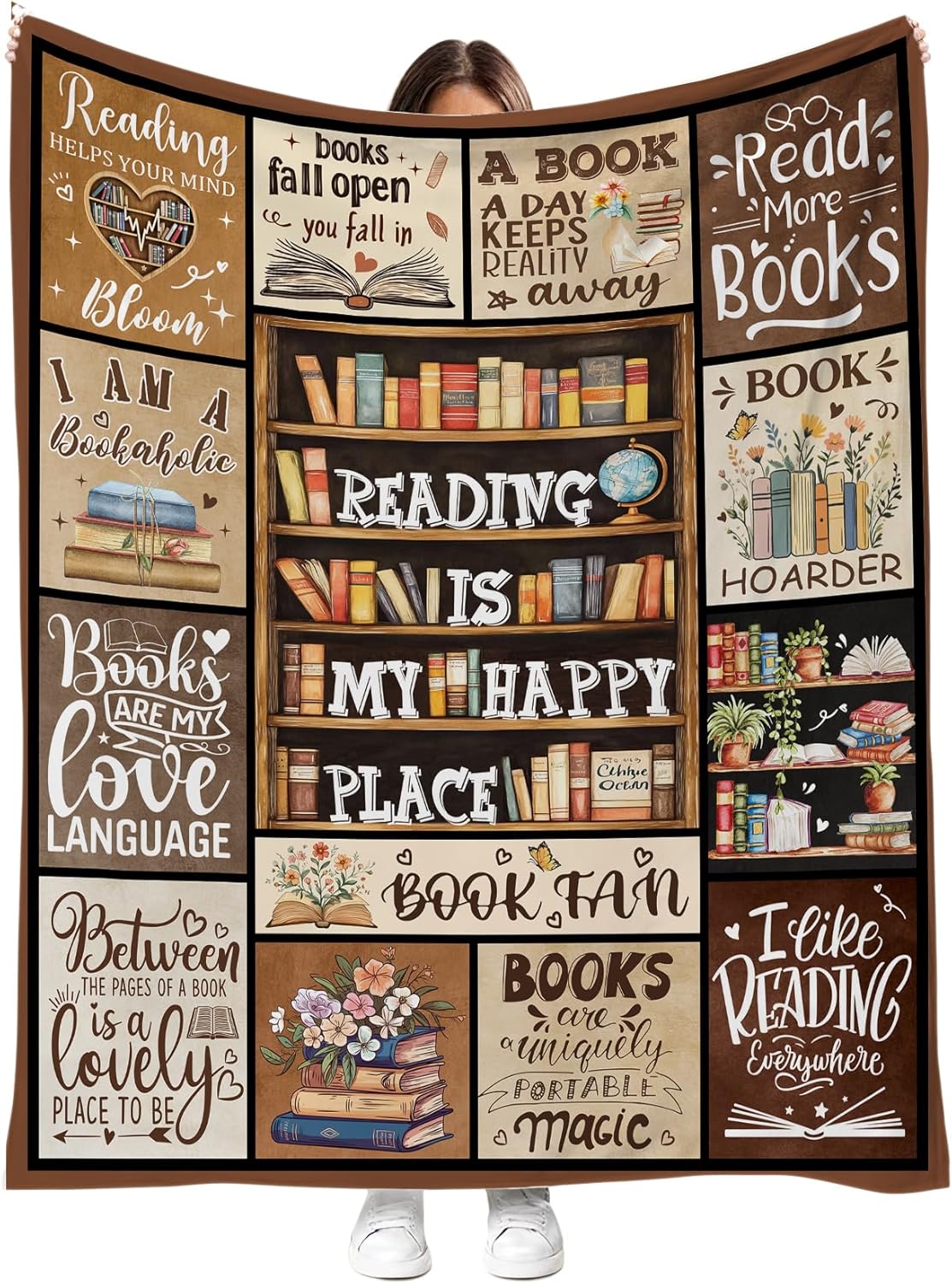 Book Lover Blanket Reading Throw Blanket Bookshelf Design Soft Flannel Fleece Throw Cozy Sofa Couch Bed Library Decor for Readers Bookworms, 50 x 60 Inch