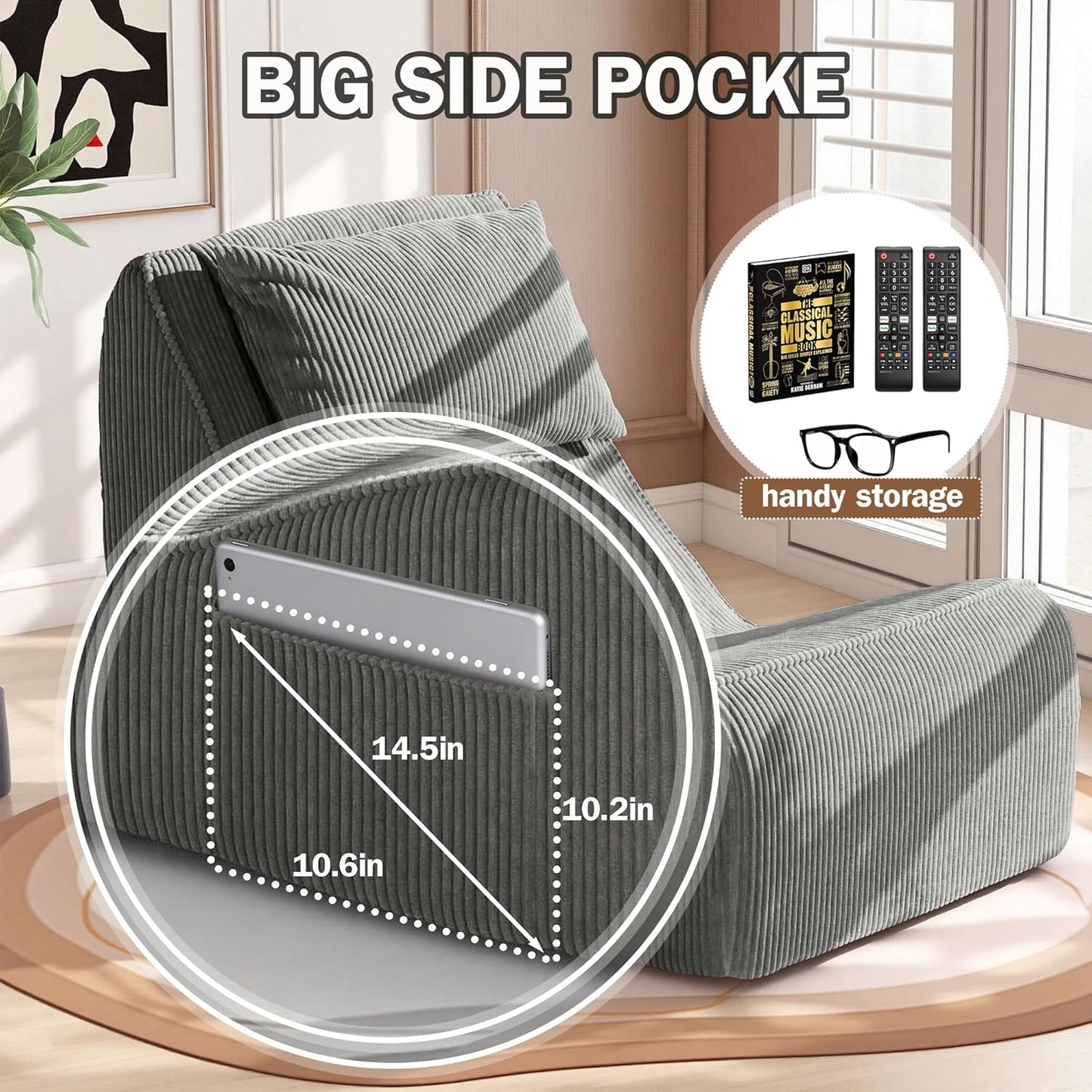Trenda Chaise Longue Chair with Ottoman, Boneless Accent Recliner Chair with Washable Cover, Adjustable Neck Pillow, Comfy Floor Chair for Living Room, Bedroom, Small Space.