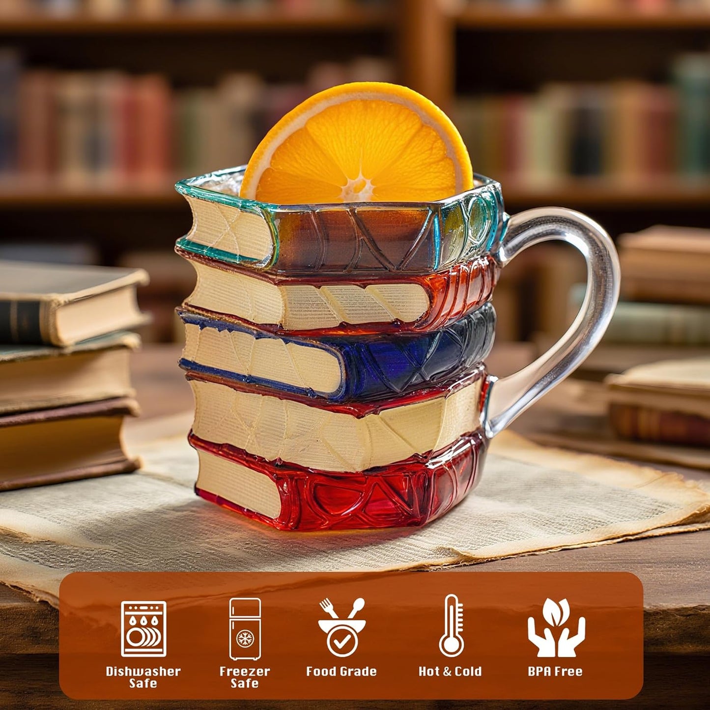 Chapter Book Mug Glass 3D Book Mugs for Gift, Painted Book Coffee Cup with Stack Design 7oz Artistic Reading Coffee Cup with Handle for Readers, Bookworm, Ideal Gift for Christmas, Birthday