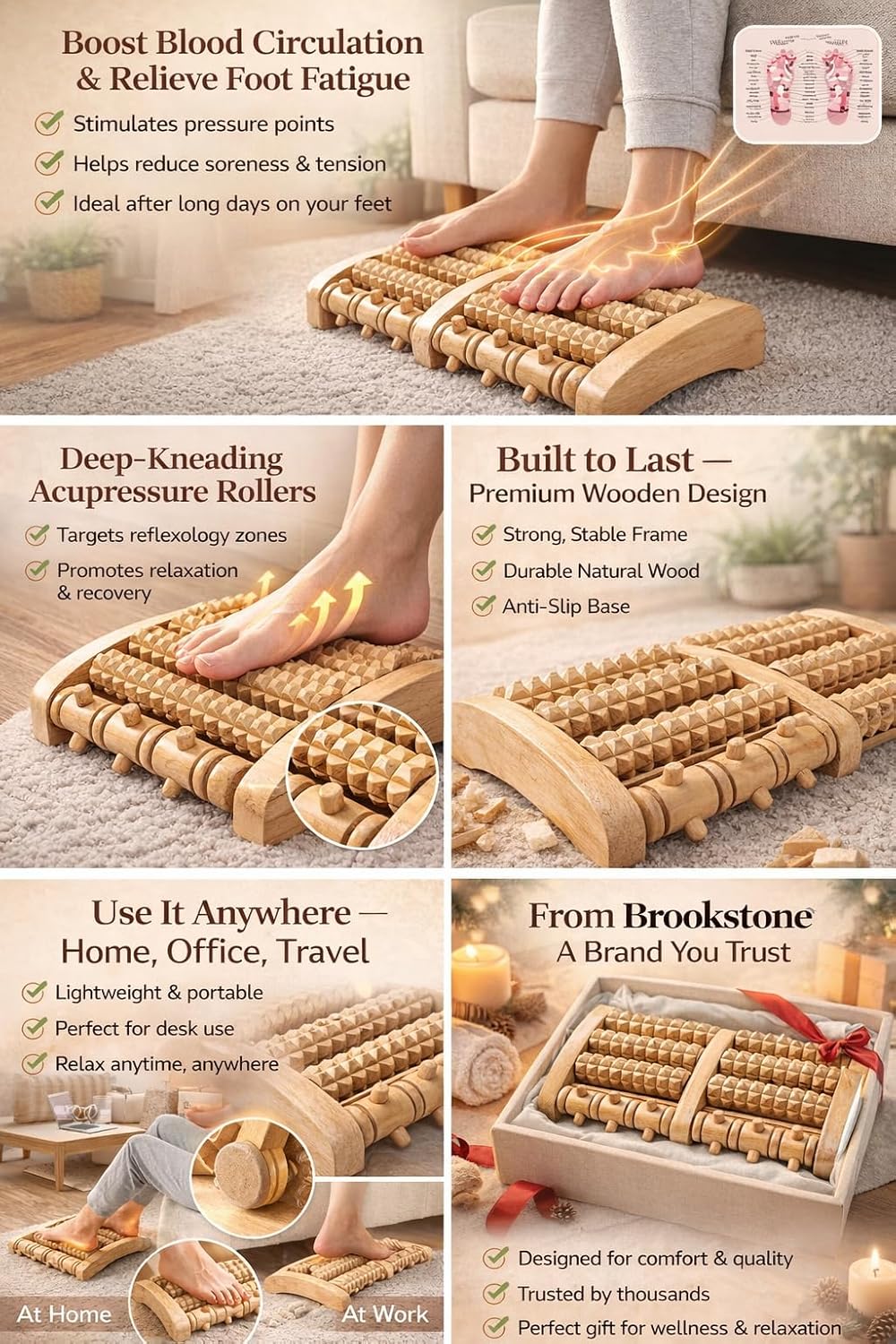 Brookstone Foot Roller Massager for Plantar Fasciitis Relief - Wooden Massage Roller for Foot Health - Stimulate Reflexes & Relieve Stress - Ideal Gift for Mom, Dad, Elderly