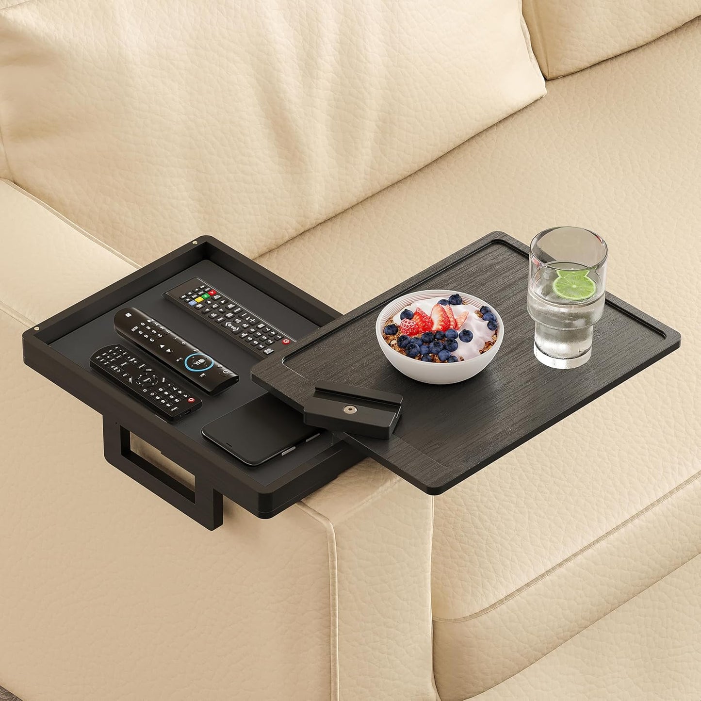Wealone Black Couch Arm Tray for Wide Couch, Bamboo Sofa Arm Clip Table with Storage Box, Couch Armrest Tray with 360°Rotating Phone Holder, Sofa Arm Table Clip for Eating, Drinks or Dining