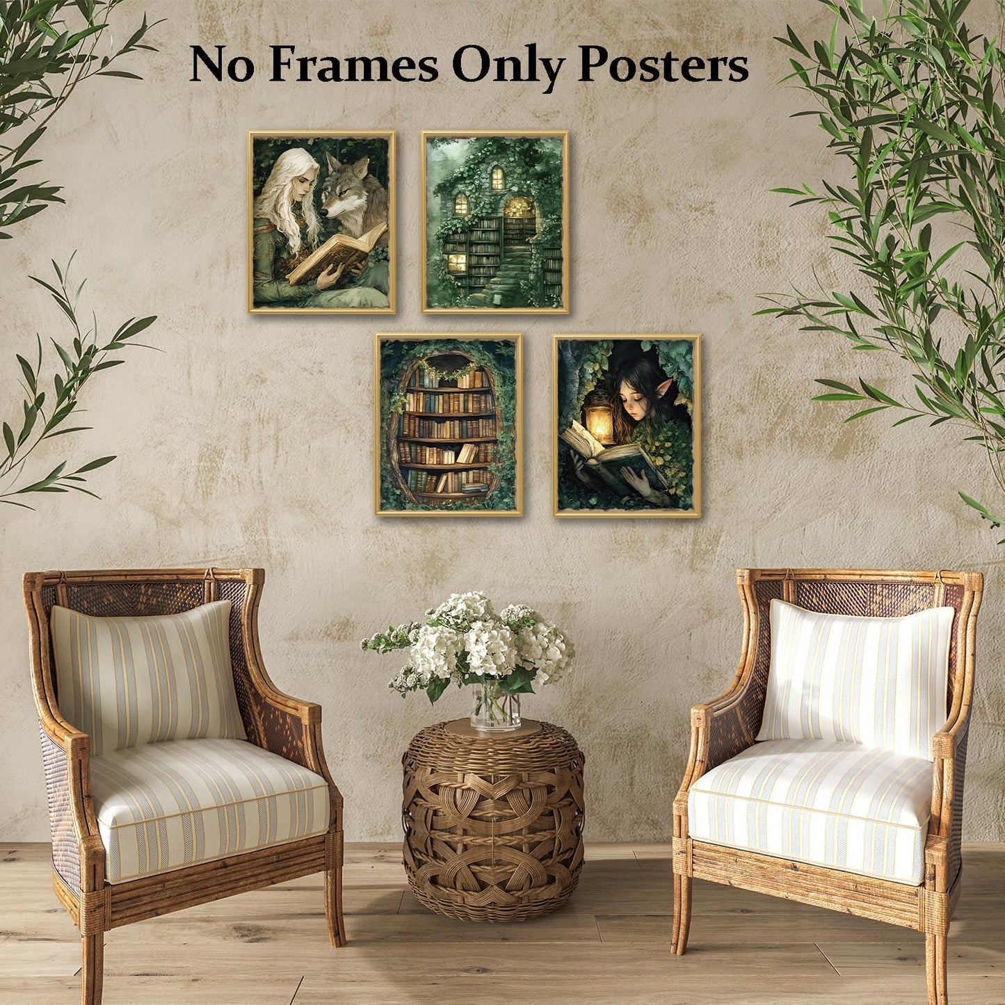 OCFMUHFP Vintage Reading Fairy Wall Art Posters Set of 4, Fantasy Reading Nook Corner Room Decor, Forest Green Bookish Prints Artwork for Library Book Store Club Wall Decor 8x10 Unframed