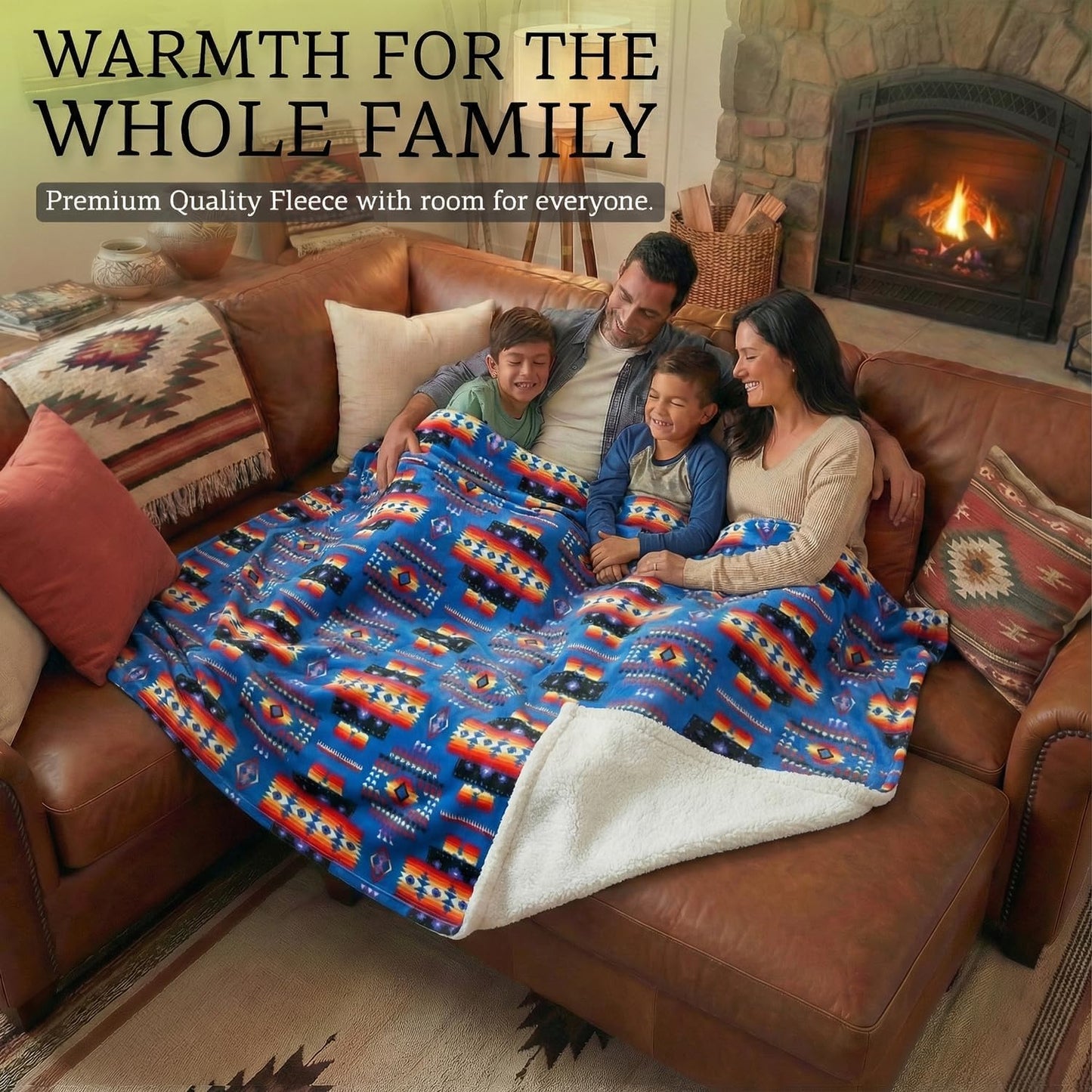 Sacred Thread Aztec Blanket Fleece, Reversible Native American Blanket, Western Throw, Native American Western (Blue Sherpa), Full (60”x80”)