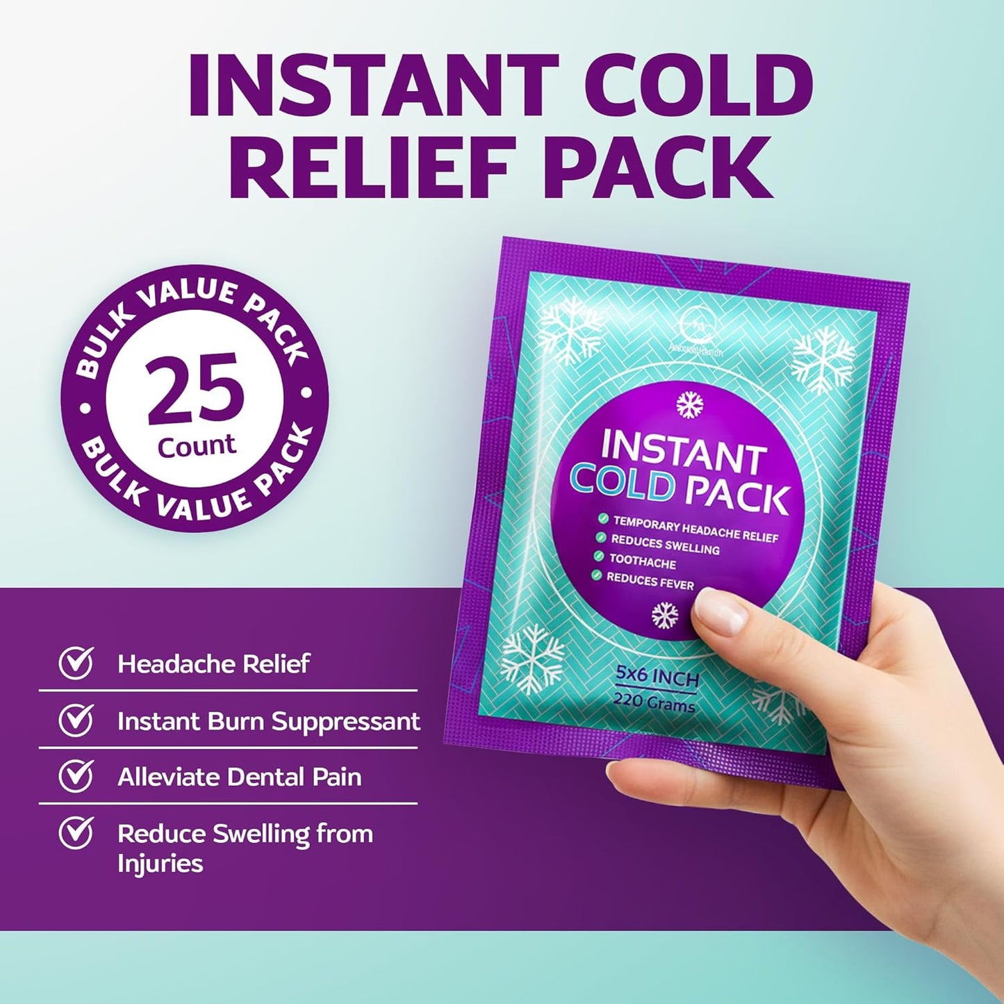 25 Packs Instant Ice Cold Pack (6” x 5”) - Disposable Instant Ice Packs for Injuries | Cold Compress Ice Pack for Pain Relief, Swelling, First Aid & Outdoor Activities