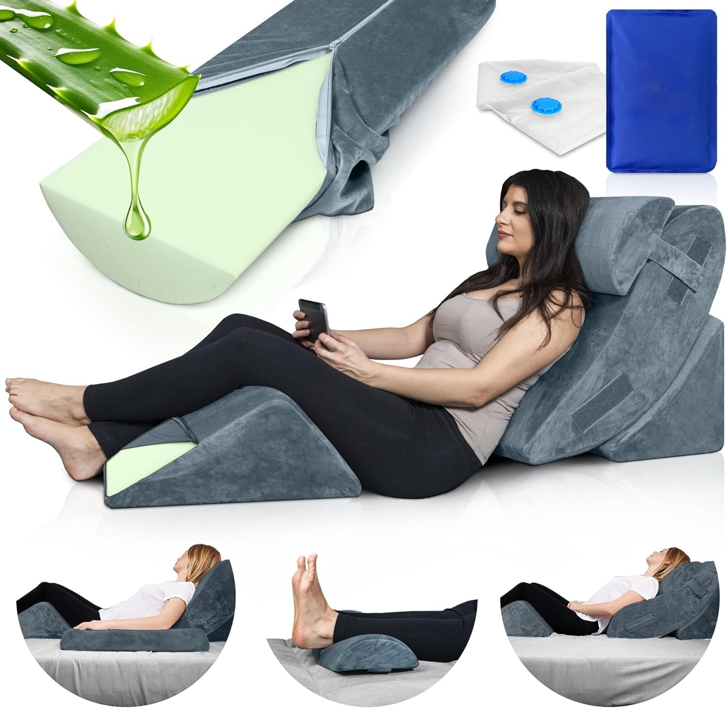 Lunix LX5 4-Piece Support for Shoulder & Upper Body Rest, Orthopedic Bed Wedge Pillow Set, Elevated Memory Foam for Post-Op Recovery & Sleep Comfort, Stone Navy with Aloe Vera