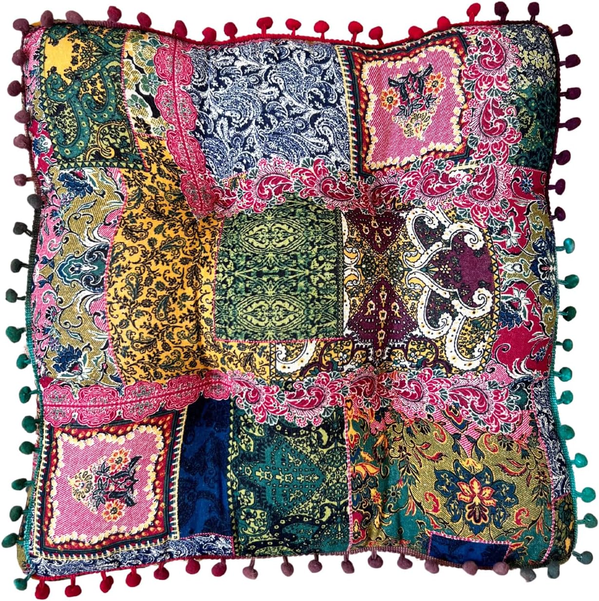 vctops Boho Seat Cushion Chair Pad with Pompoms, Tribal Printed Soft Comforatble Seat Pillow Cushion Cotton Linen Square Chair Cushion for Kitchen Living Room Adults Kids Reading (Pink,16"x16")