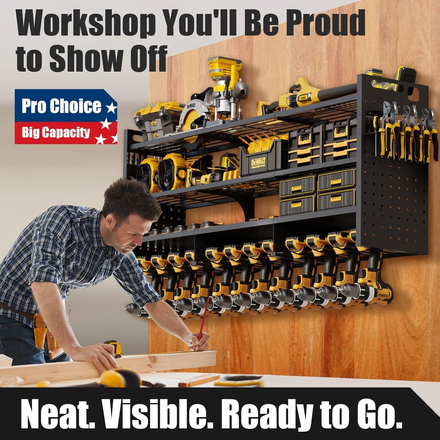 Large 49''W Power Tool Organizer Wall Mount | 620lbs Garage Storage Rack with 12 Cordless Drill Holder | 4-Tier Heavy Duty Utility Shelf for Battery Workshop Organization