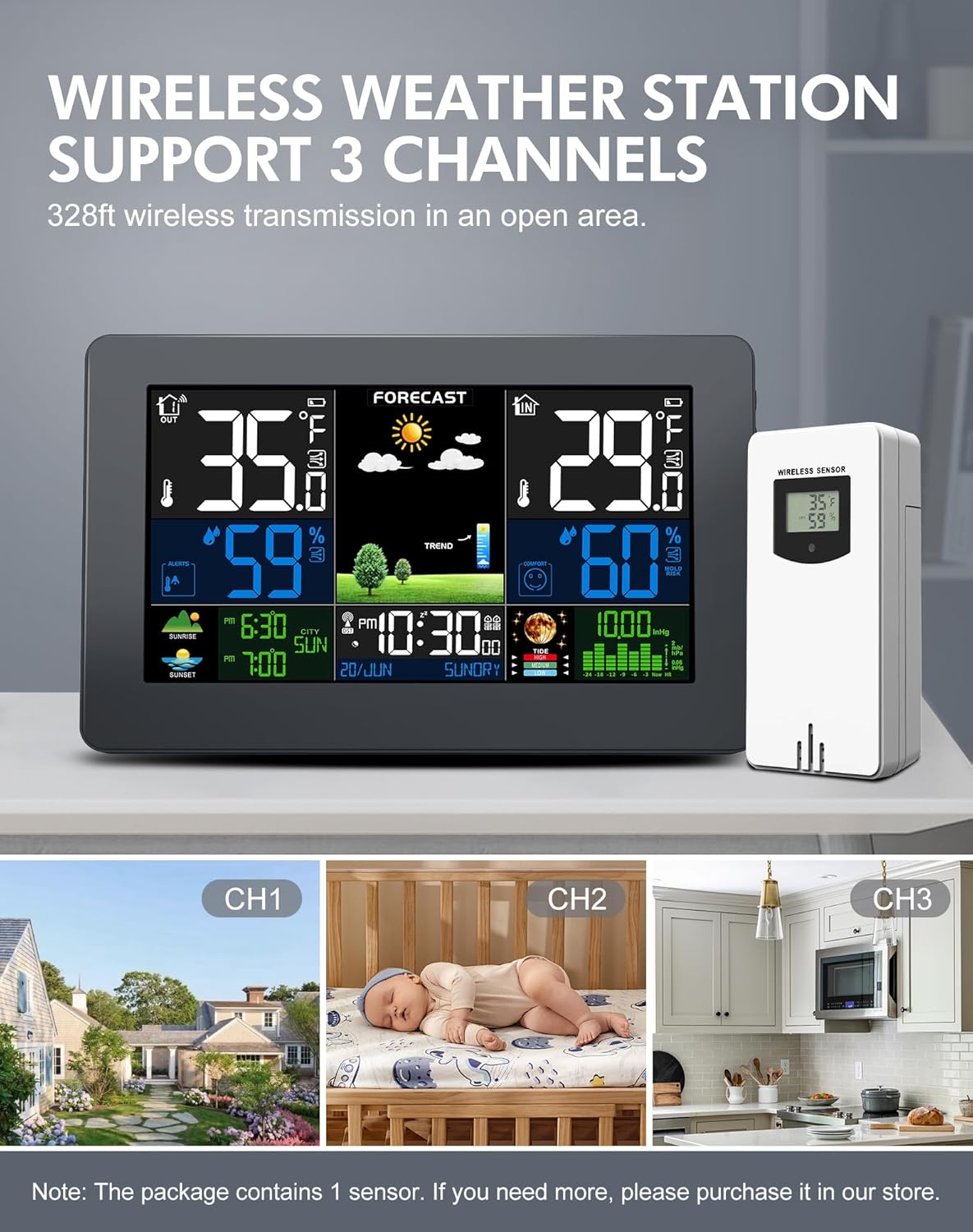Weather Station Wireless Indoor Outdoor Thermometer, Digital Thermometer with Remote Sensor, Large Display Home Weather Stations with Weather Forecast, Atomic Clock, Barometric Pressure, Moon Phase