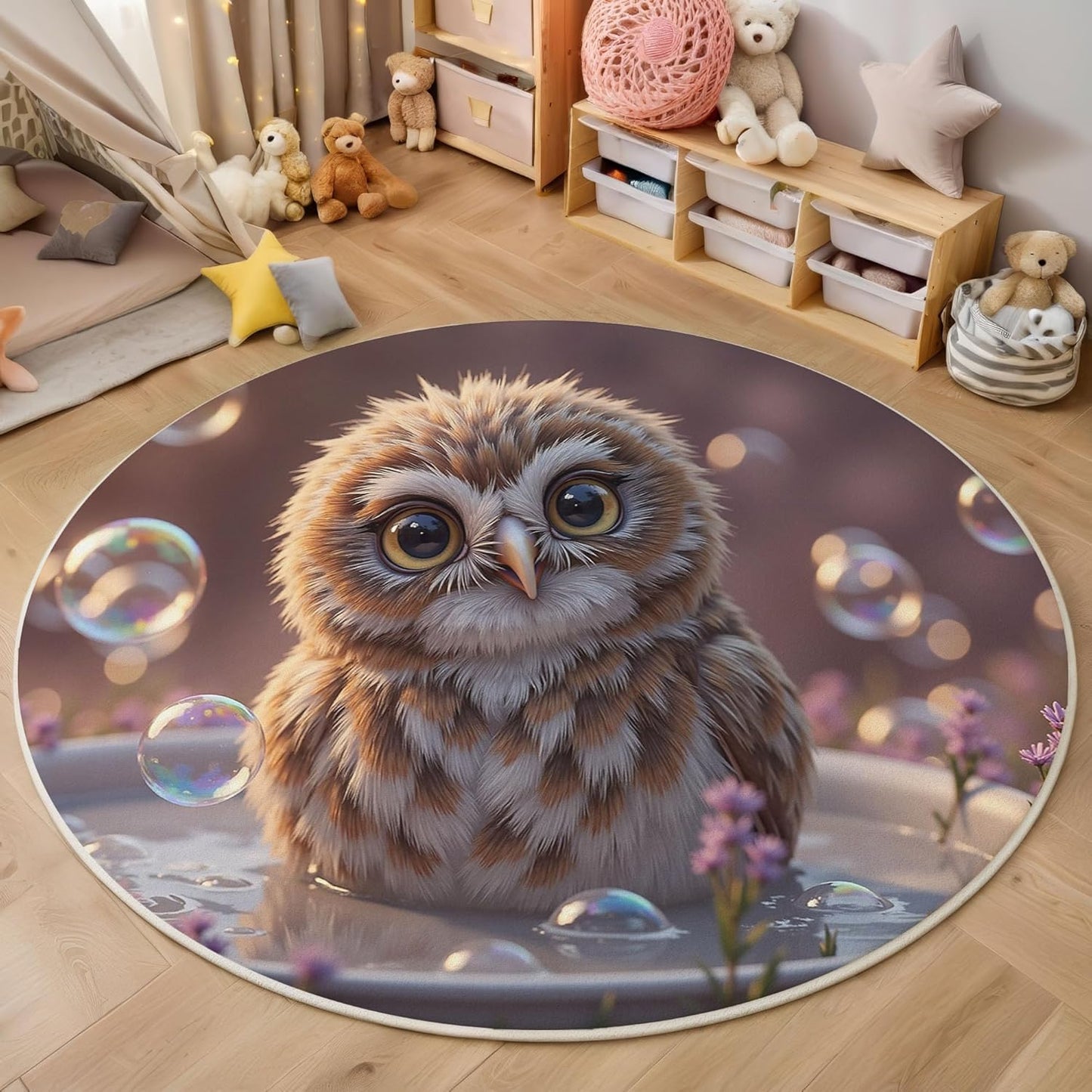 Round Rug for Kids Room, Cute Owl Bathtub Round Rugs 3Ft, Realistic Animal Style Circle Rug, Brown Washable Circle Carpet for Living Room Bedroom, Non Slip Low Pile Thin Area Rugs