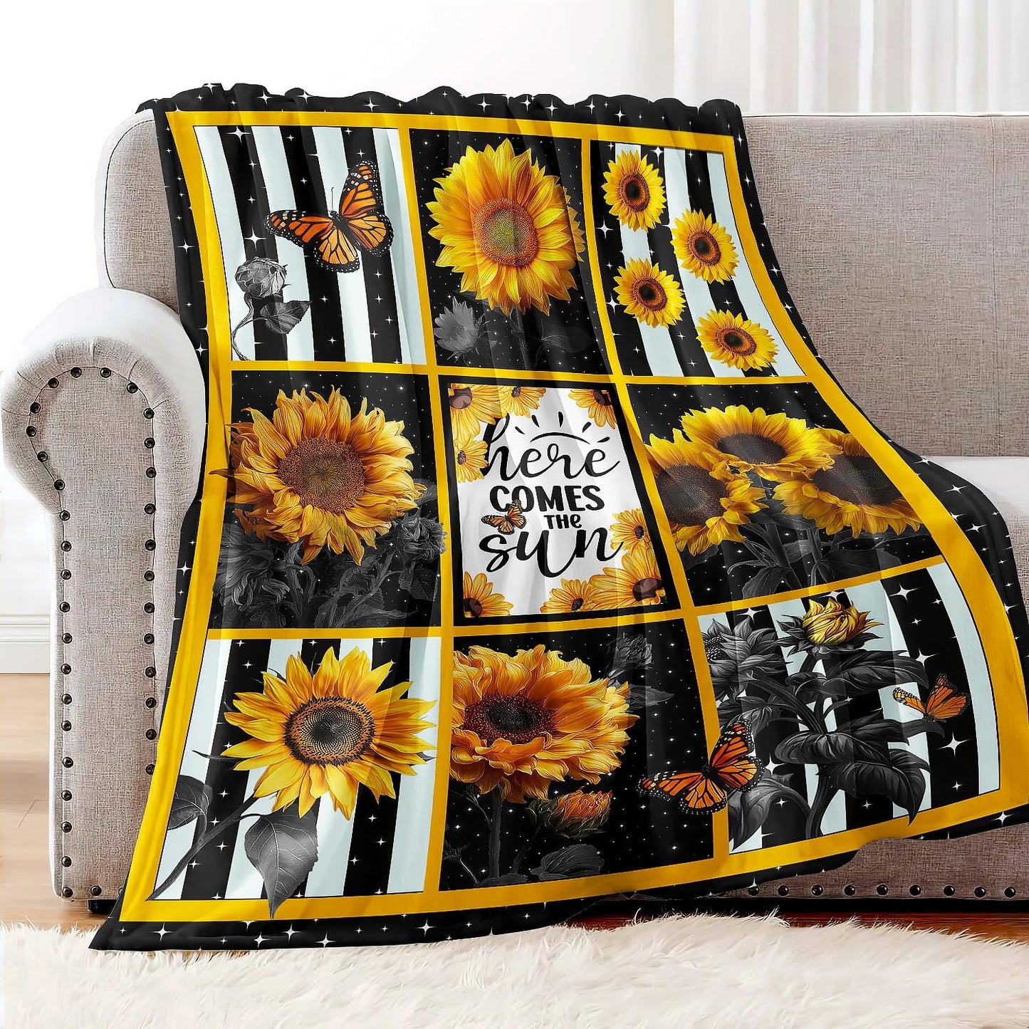 Sunflower Throw Blanket, Stars Butterfly Stripe Design, Soft Cozy Fleece Blanket for Couch Bed, 40 x 50 Inches
