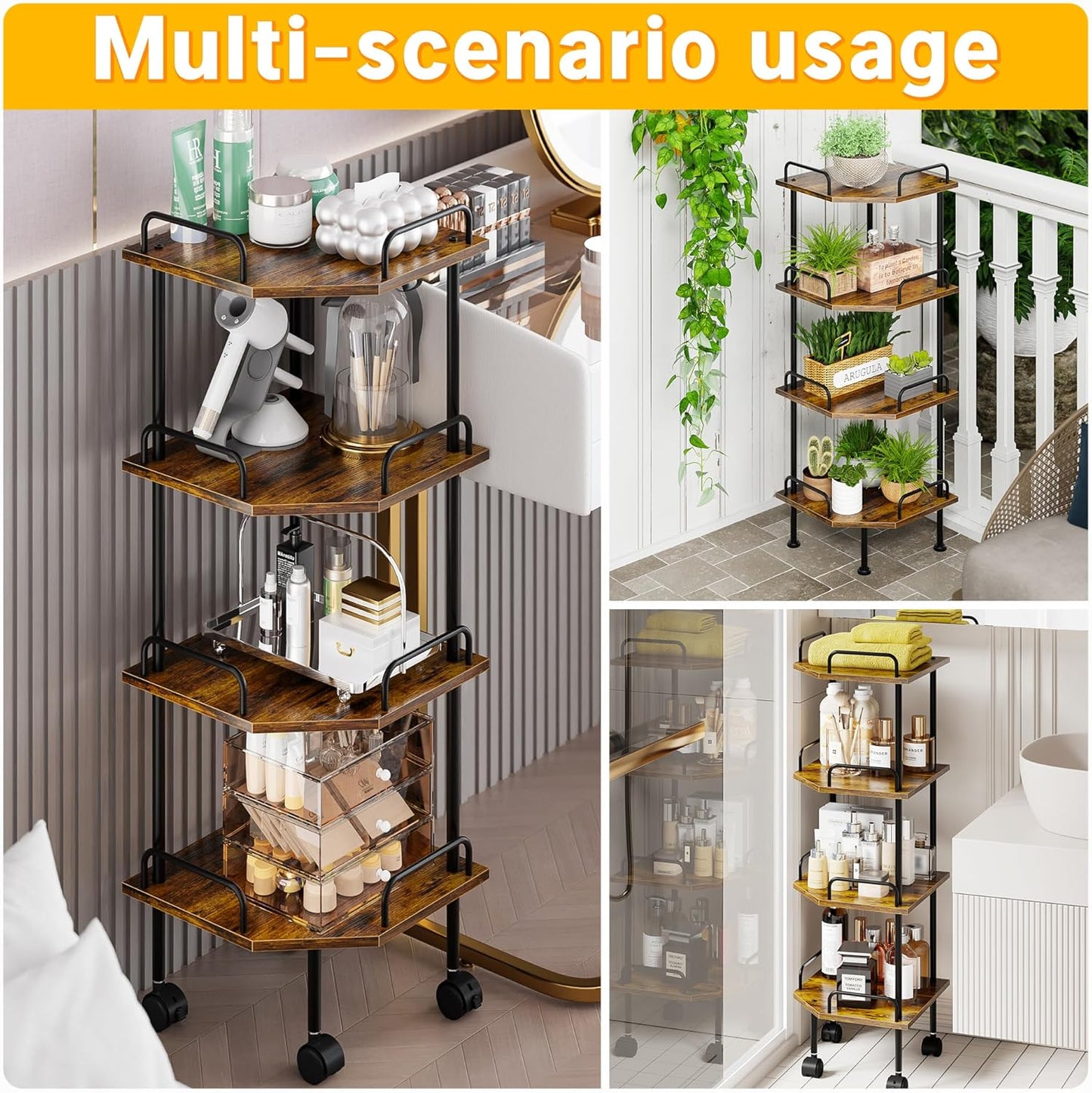 Weehom Small Corner Shelf - Multipurpose Corner Shelving Unit and Storage, 4 Tier Shelf Stand for Small Spaces, Display Shelves for Living Room, Bedroom, Kitchen, Bathroom - Rustic Brown