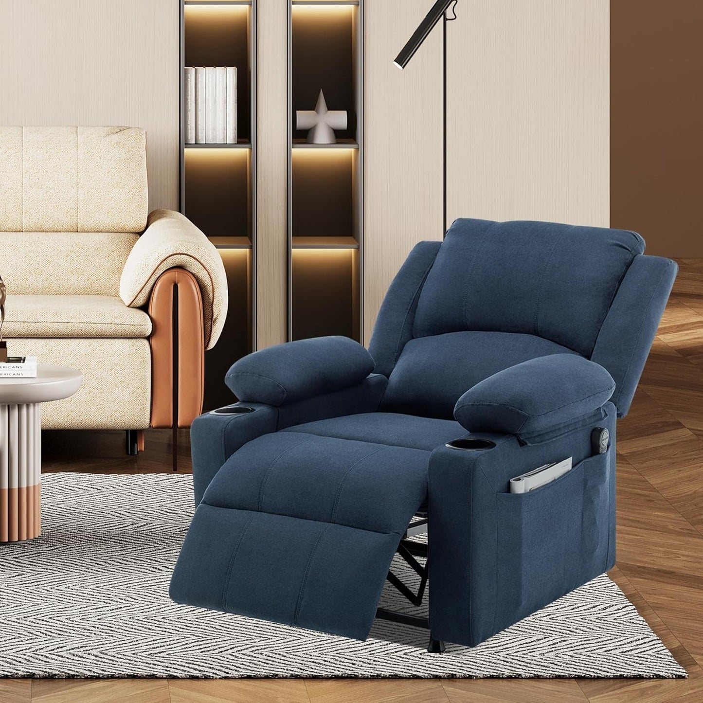 Power Recliner Chair Adults Upholstered Heating Point Massage Theater Seating Single Sofa Chairs with Side Pockets Sidetable for Living Room