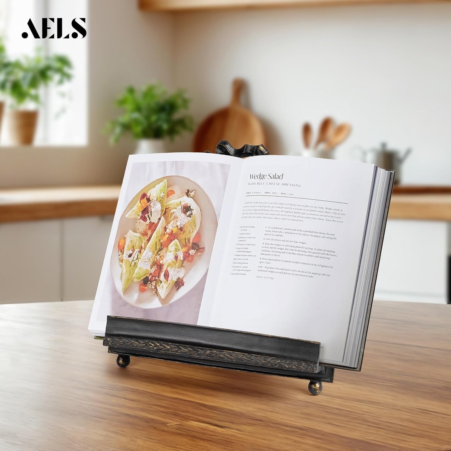 AELS Vintage Ornated Cookbook Stand for Kitchen Counter, Farmhouse Recipe Book Holder, Retro Heavy Duty Cook Book Stand, Gift Ideas, Antique Black Hollowed Decor