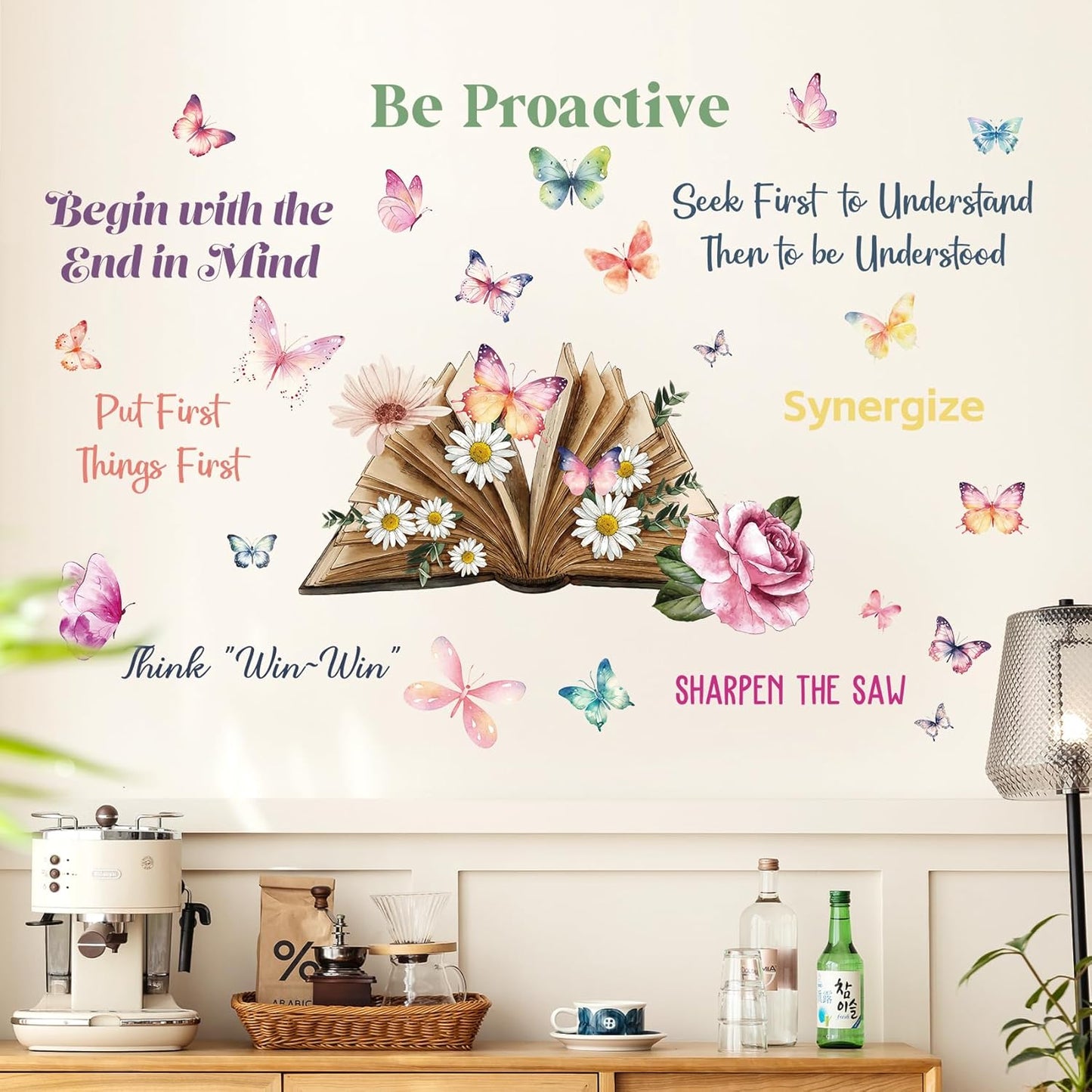 2 Sheets Creative Book Wall Decal - Removable DIY Colorful Flower Butterfly Wall Art with Inspirational Quotes for Girls & Boys Bedroom, Living Room, Bathroom & Study Decor