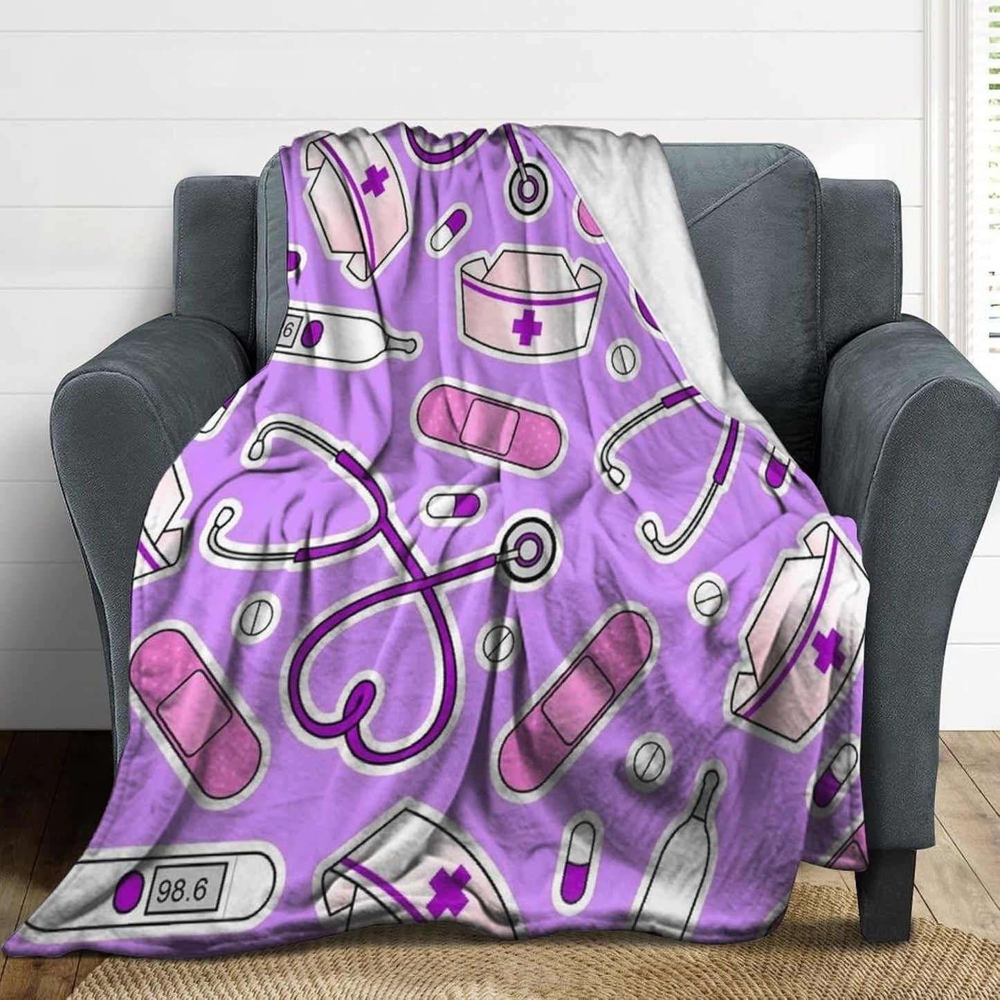 Nurse Pattern Purple Throw Blanket for Couch Super Soft Warm Lightweight Throw Blankets Cozy Flannel Bed Blanket Cute Decorative Blankets for All Seasons Home Decor Gift 50"*60"（130 * 150cm）