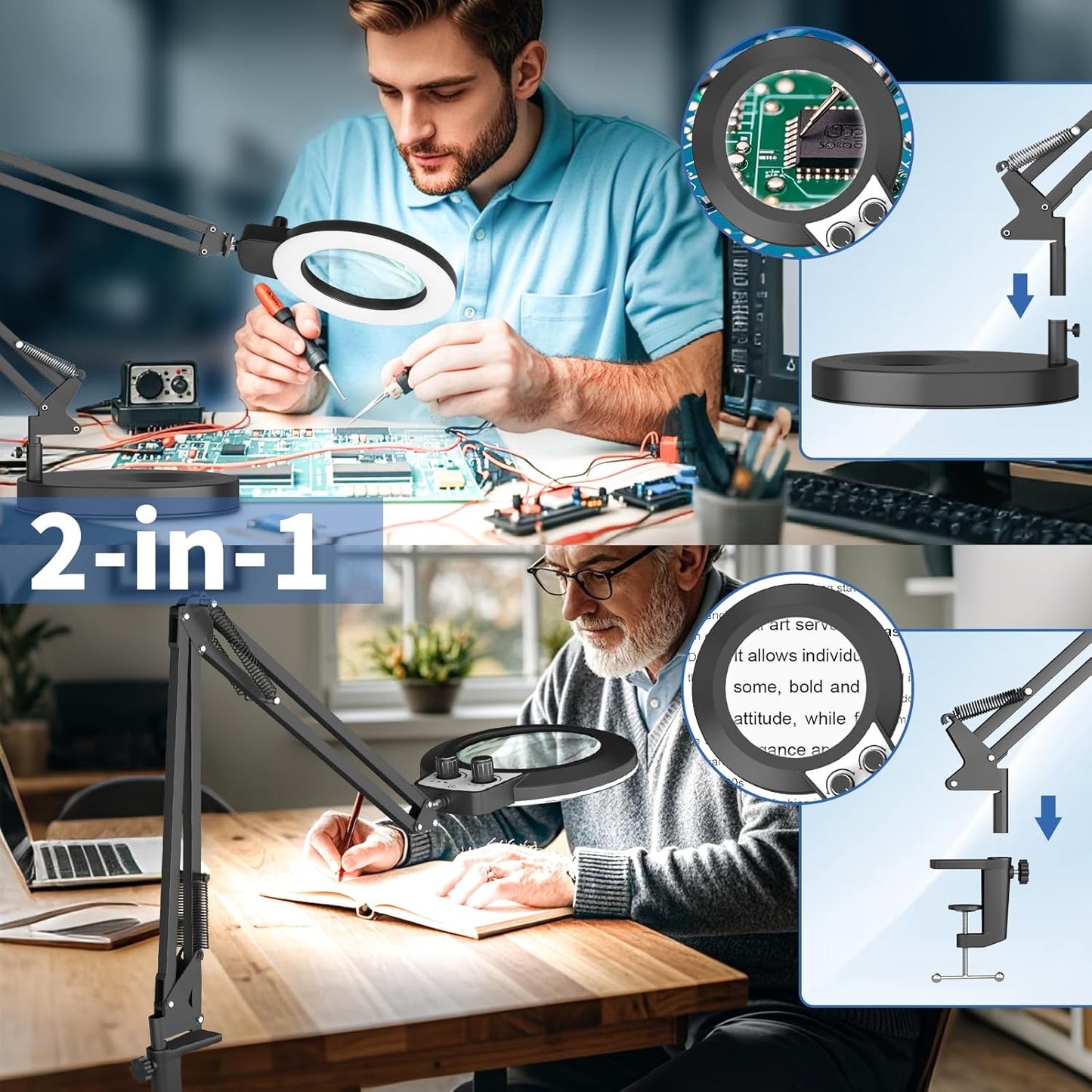 HITTI 12X Magnifying Glass with Light Hands Free, 2026 New Infinite Color and Brightness Desk Lamp & Clamp, 2-in-1 LED Lighted Magnifier Stand for Craft Reading Hobby Close Work(12X Ring Base & Clamp)