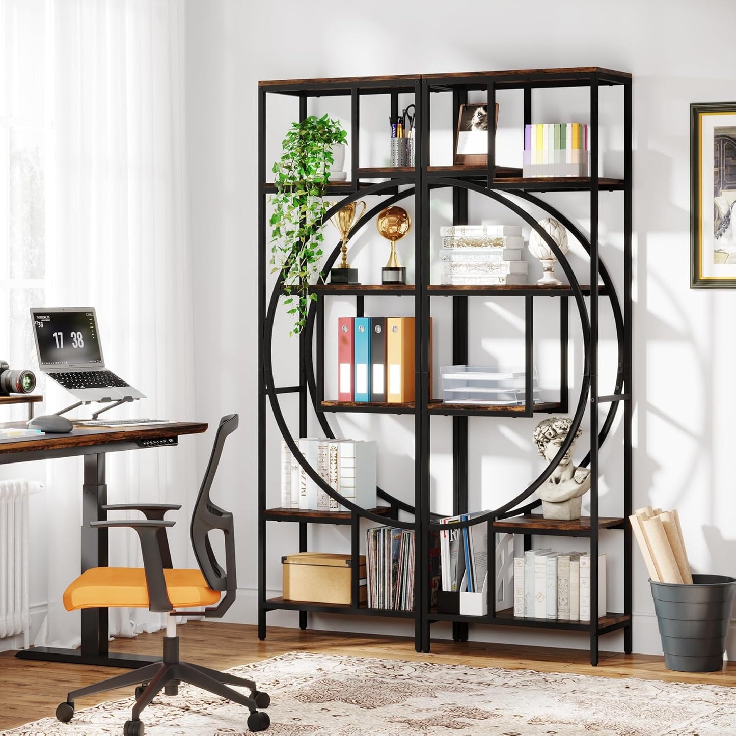 Geometric Bookshelf, 70.9" Tall Bookcase with 7-Shelf Open Shelves, Wood Metal Book Shelf Display Rack Storage Shelving Unit for Office, Bedroom, Living Room, Easy Assembly, Rustic Brown