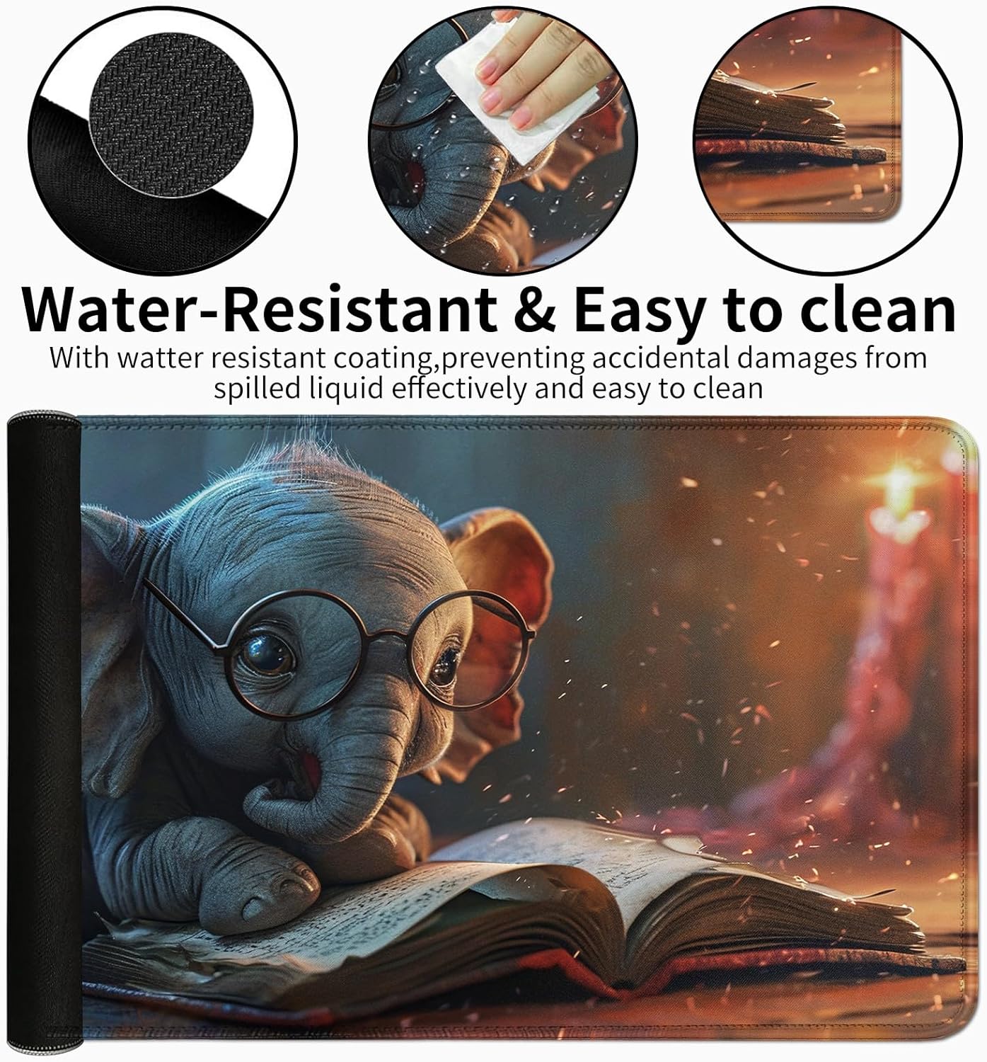 Desk Mat + Mouse Pad + Mouse Wrist Rest,3 PCS Set Ergonomic Memory Foam Mouse Wrist Rest with Durable Anti-Slip Rubber Base for Office,Home & Easy Typing Pain Relief,Reading Elephant