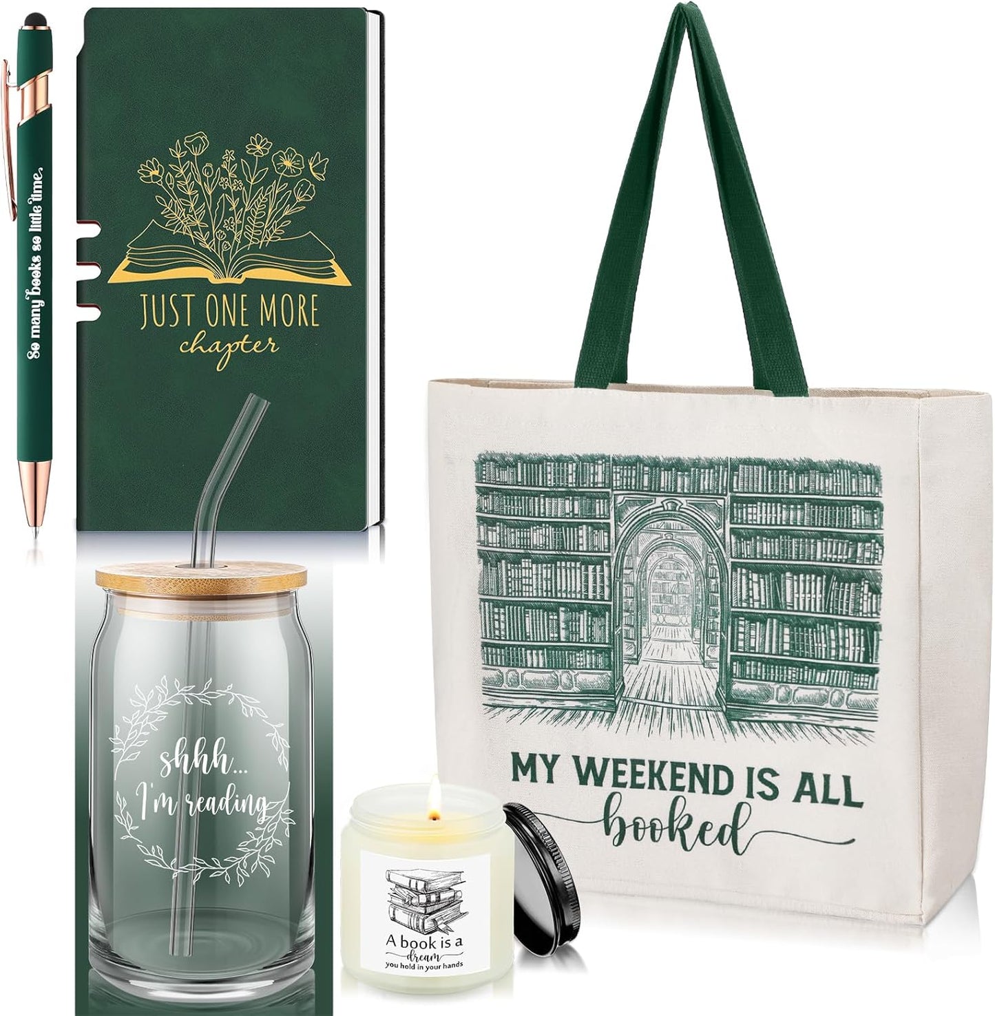 Set of 5 Book Lovers Gifts for Women 16oz Drinking Glass Scented Candle Canvas Tote Bag A6 Journal with Ballpoint Pen for Reader Librarian Bookish Student Teacher Birthday Gifts(Green)
