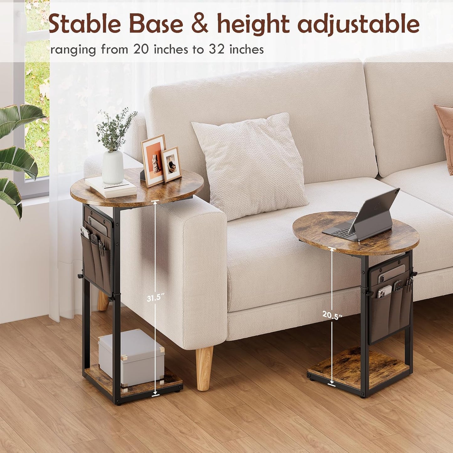 Vagusicc C Shaped End Table, Adjustable Height Small Side Table for Couch, 32" Tall Couch Side Table Slide Under Sofa Table TV Tray with Storage Bag for Living Room and Bedroom, Brown