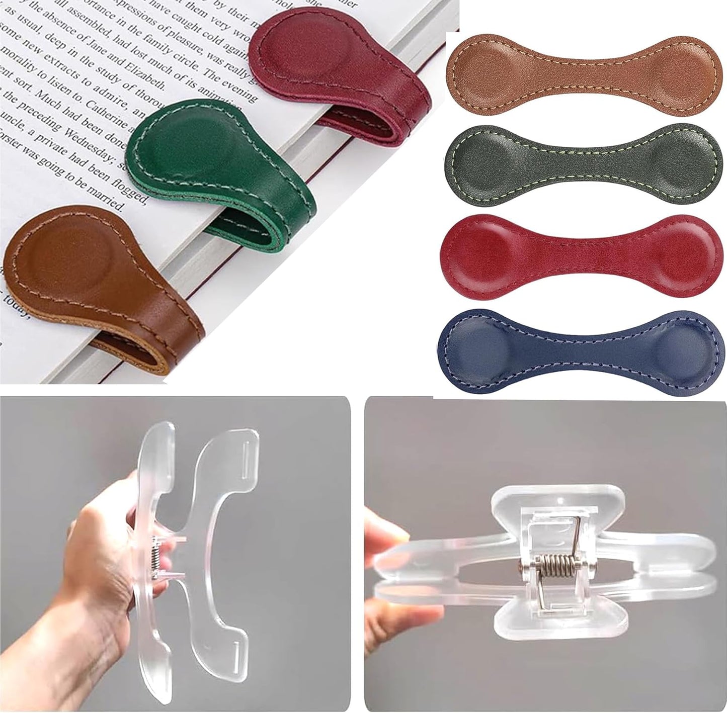 2PCS Transparent Reading Page Holder and 4Pcs Magnetic Leather Bookmark Combination Set,A Multi-Functional and Practical Magnetic Bookmark,Suitable for Book Lovers,Men,Women,Teachers,Students