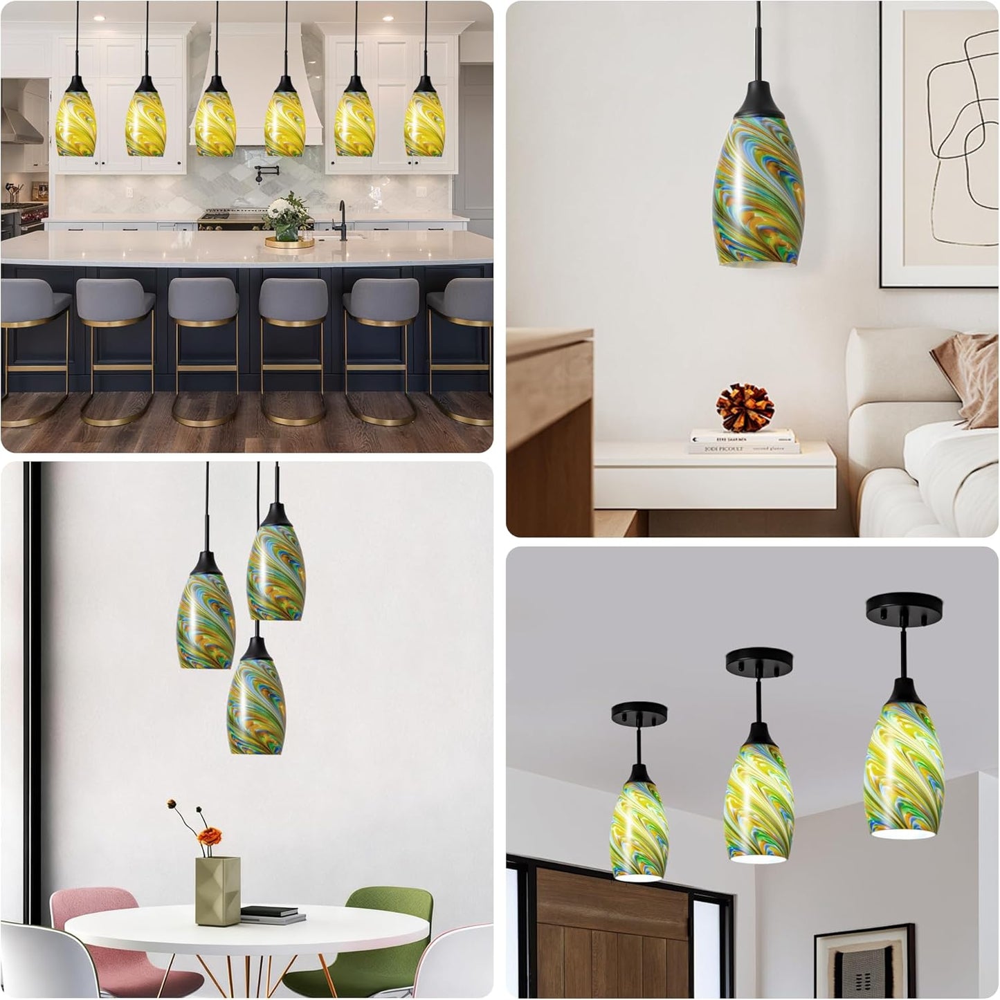 Mini Glass Pendant Light 4.72" Colorful Pattern Oval Pendant Lights 1-Pack Handblown Art Glass Hanging Pendant Light for Kitchen Island Dining Room Living Hallway Matte Black Metal