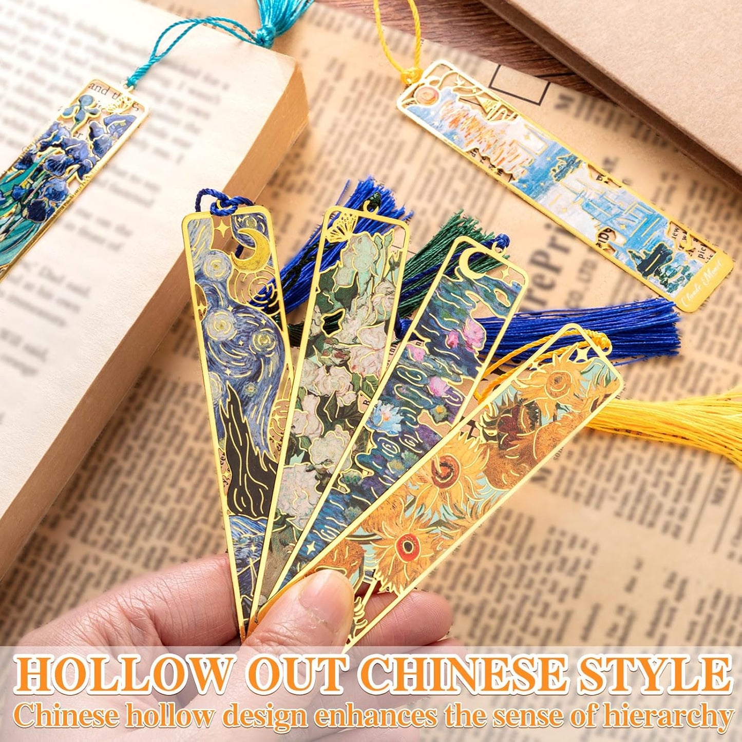 6Pcs Metal Tassel Bookmarks, Van Gogh Oil and China Painting Art Bookmarks, 6 Styles Book Marks for Reading, Bookmark for Women Men Book Lovers