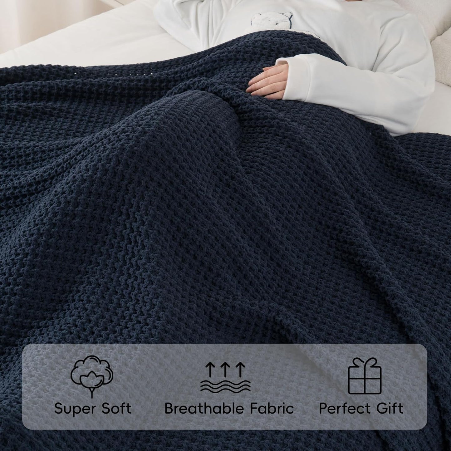 Bunnikins & Clover Navy Blue Throw Blanket for Couch, Knitted Blue Blanket Throw 50''x60'', Super Soft Waffle Navy Throws for Chair Sofa Home Decor