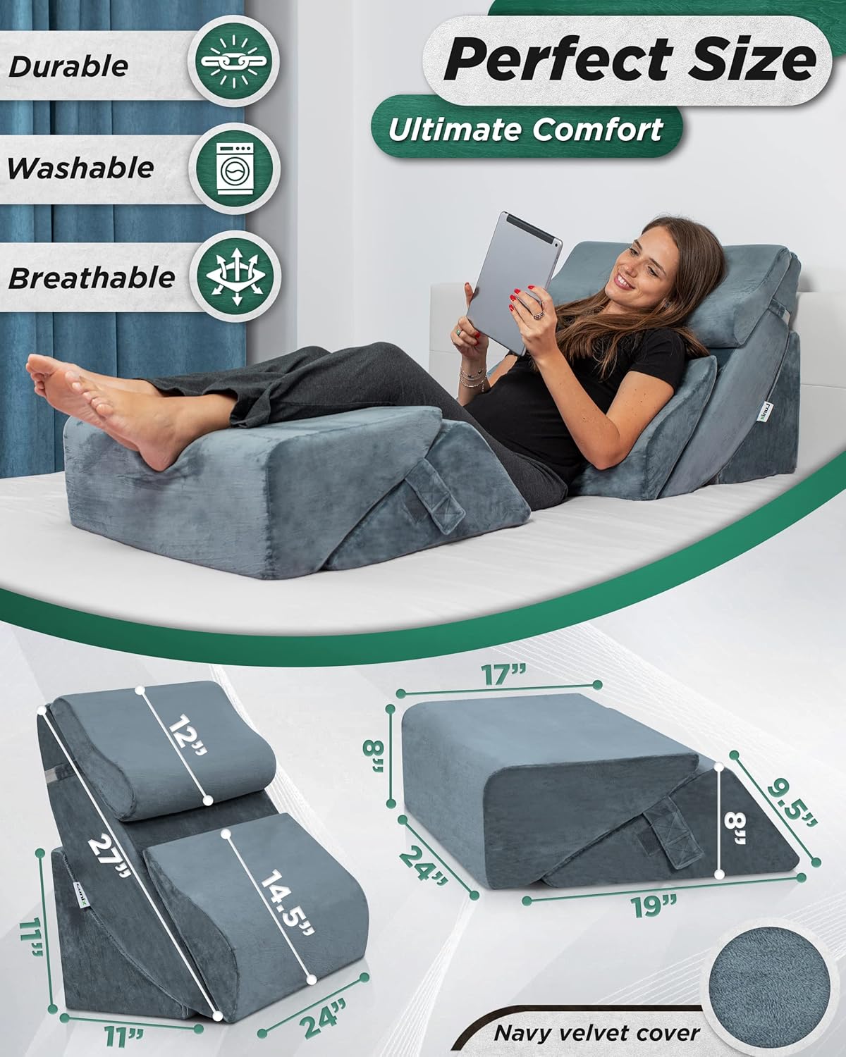 Lunix LX13 6-Piece Post-Surgery Recovery System, Orthopedic Bed Wedge Pillow Set for Tummy Tuck & Back Comfort, Zero-Gravity Memory Foam, Stone Navy with Aloe Vera