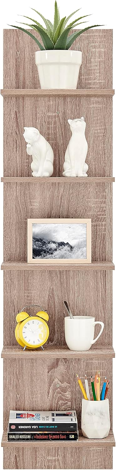 Danya B. Narrow Decorative Wall Mount Vertical Shelving Unit – Modern Column with 5 Shelves Home or Office for Books, Décor Display (Oak)