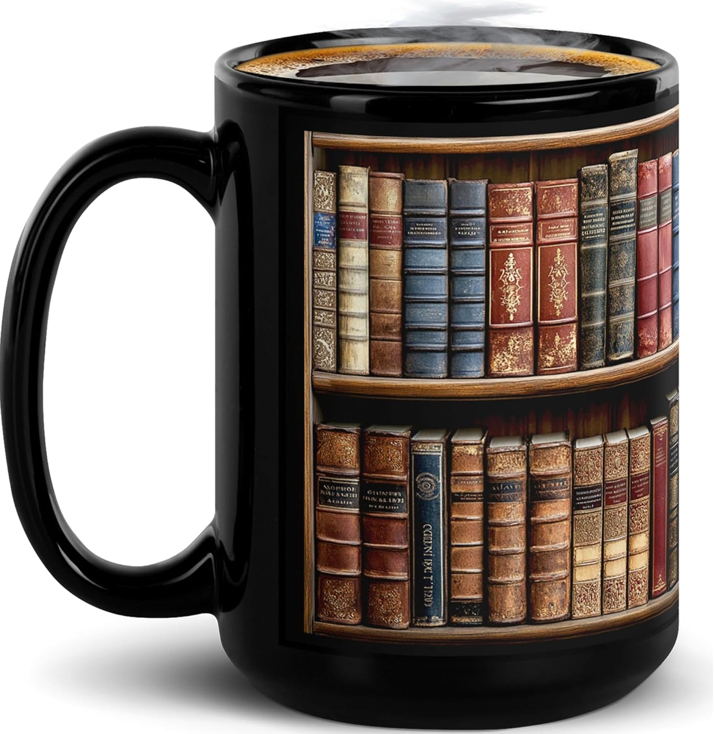 Book Mugs For Book Lovers: 15oz Capacaty, Made of Glossy Black Ceramic Perfect Reader Gifts, Bookshelf Design (Black, 15 oz B)