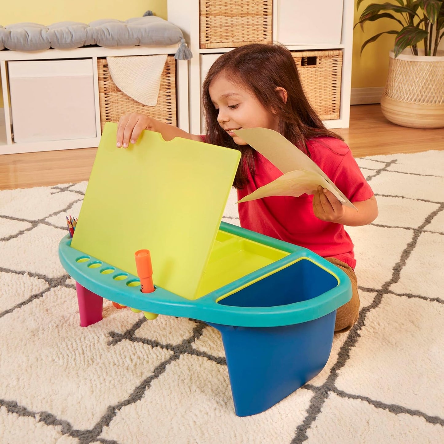 B. toys – Imagination Station – Creative Kids Lap Desk – Lap Desk for Art, Coloring, Writing – Portable Table with Storage Space – Reusable Sticker Set – 3+ Years