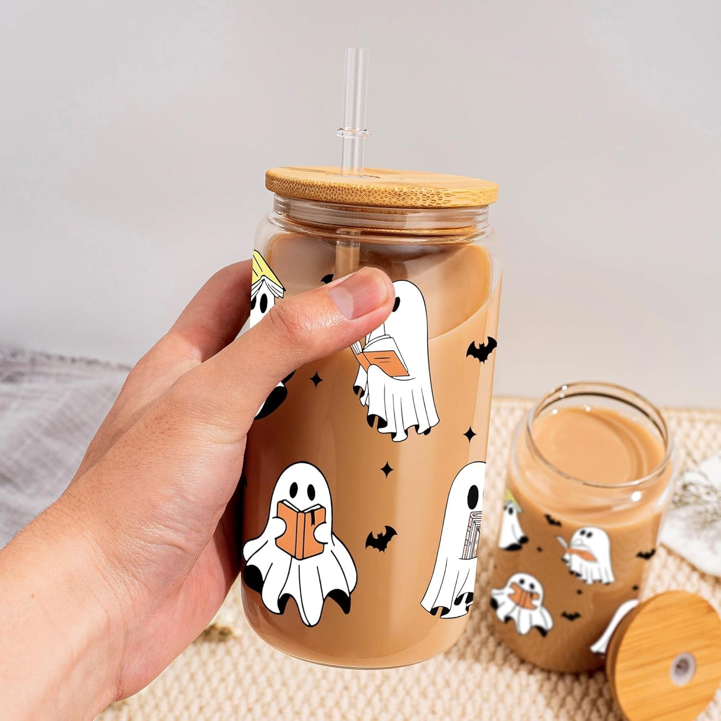 16oz Ghost Reader Halloween Cup with Lid Straw, Halloween Ghost Aesthetic Glass Can, Ghost Reader Glass Cup, Gift Idea for Book Lovers Women Sister Friends Daughter