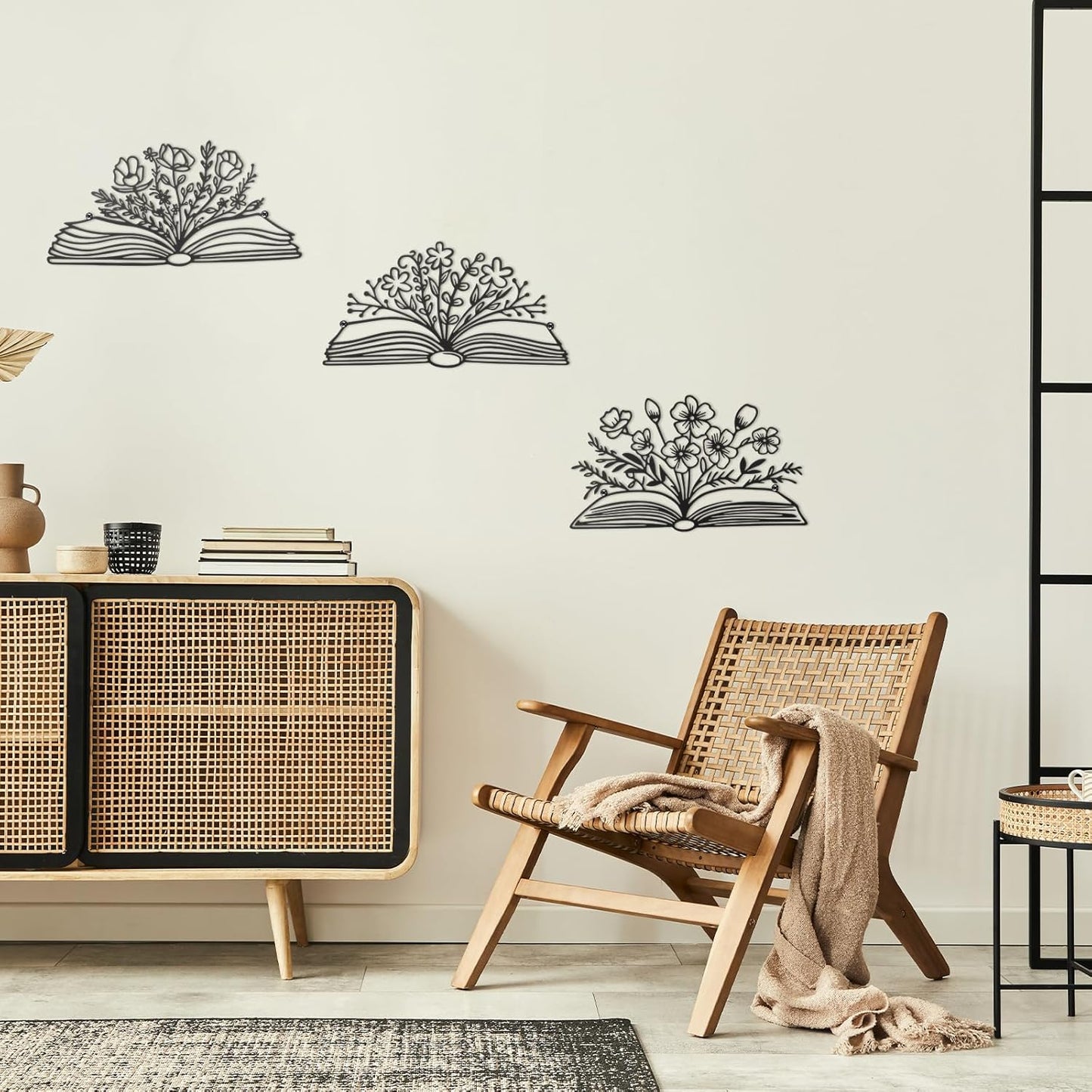Honeydak 3 Pcs Reading Metal Book Flower Wall Art Decor Black Wall Hanging Decor Library Sign Silhouette Book Lovers Teacher Gift Wall Sculptures for Home Reading Room Living Room Bedroom Office