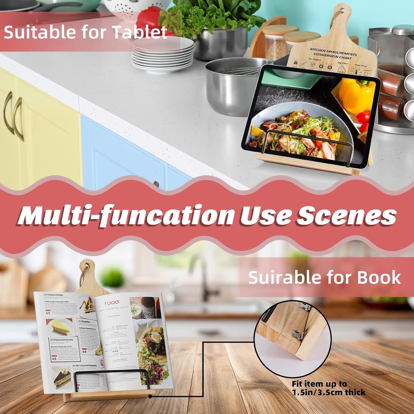 Kitchen Conversion Chart Cookbook Stand, Wood Cook Book Holder, Recipe Cookbook Holder Stand with Kitchen Counters, Baking Valentines Day Birthday Gifts for Women, Accessiores for Holding Cookbooks