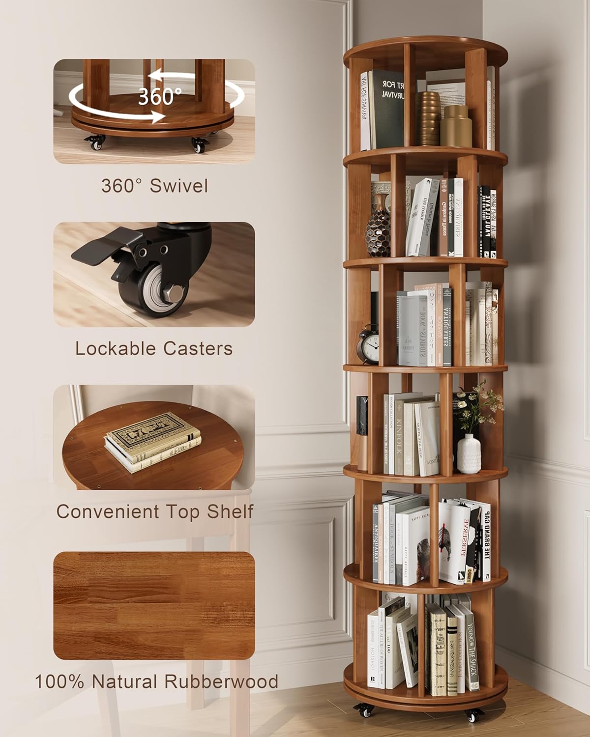 Rotating Bookshelf, 6-Tier Solid Wood Revolving Bookcase on Wheels, 360° Spinning Bookshelf Tower with Lockable Casters, Tall Round Book Tower for Home Office, Living Room, Bedroom, Walnut