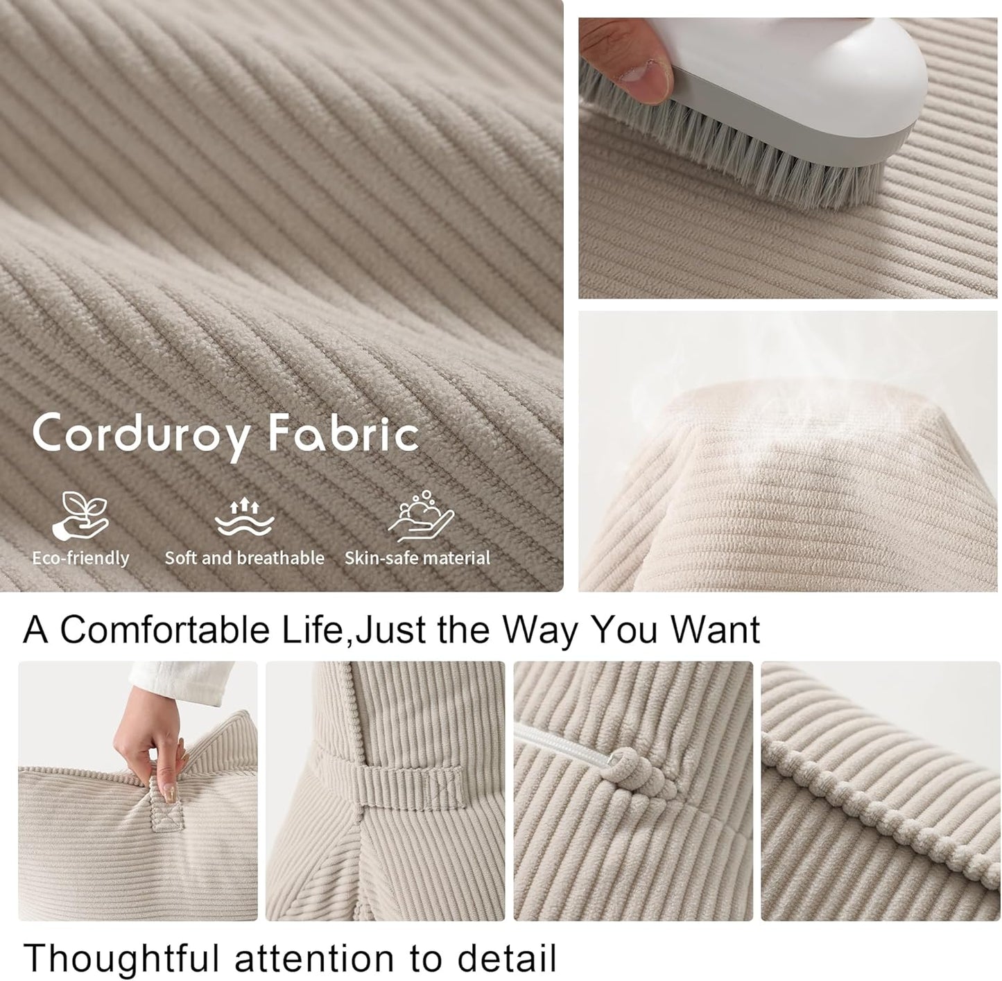 Corduroy Lumbar Support Back Pillow for Watching TV, Relaxing & Gaming, Ergonomic Triangle Support Cushion for Sofa, Armchair & Bed Sitting, Removable Washable Cover, Beige Gray