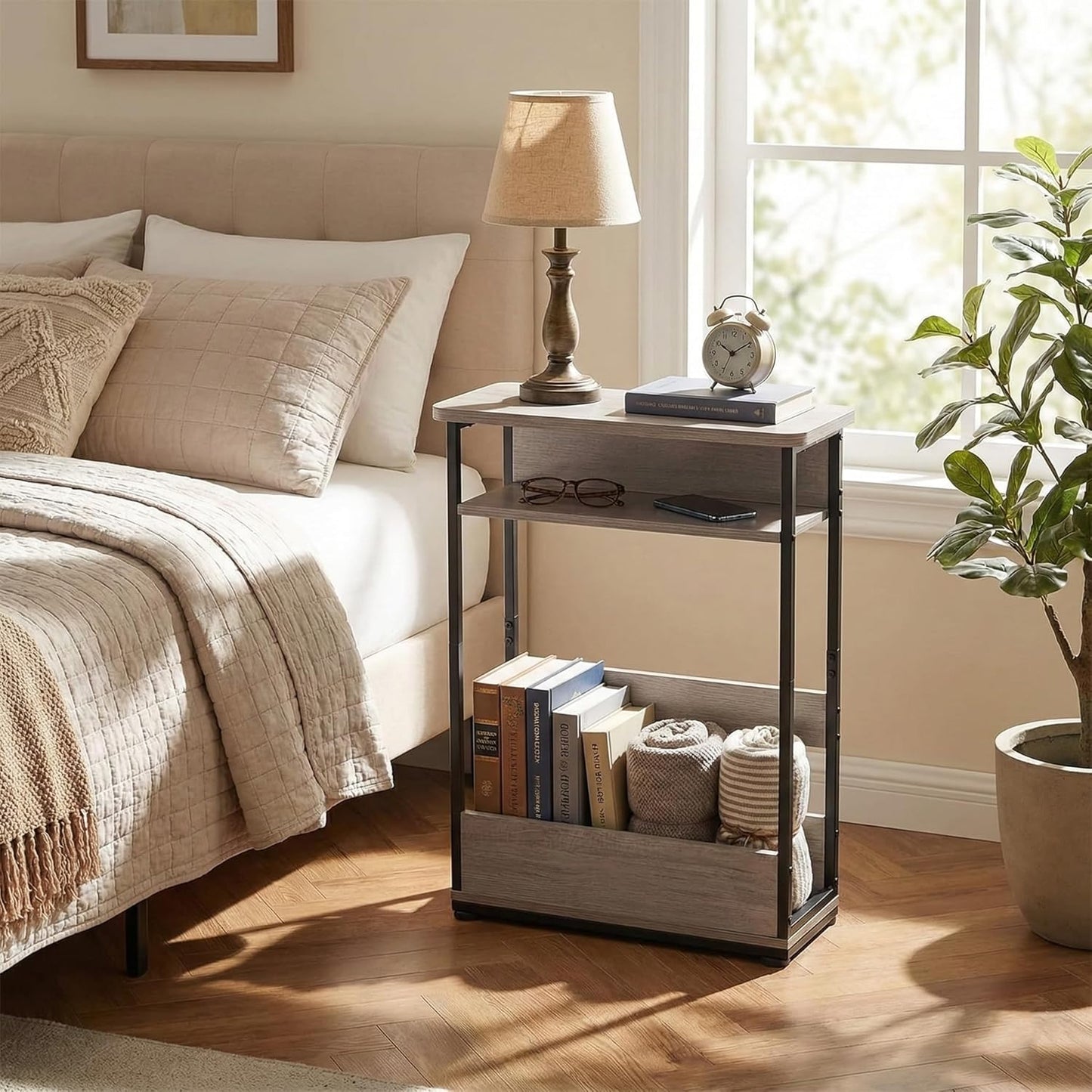 Narrow Side Table,3-Tier Slim End Table with Storage Shelf,Modern Sofa Table Thin Side Table for Narrow and Small Spaces, Skinny Bedside Table Small Nightstand with Magazine Rack Space Saving/Oak